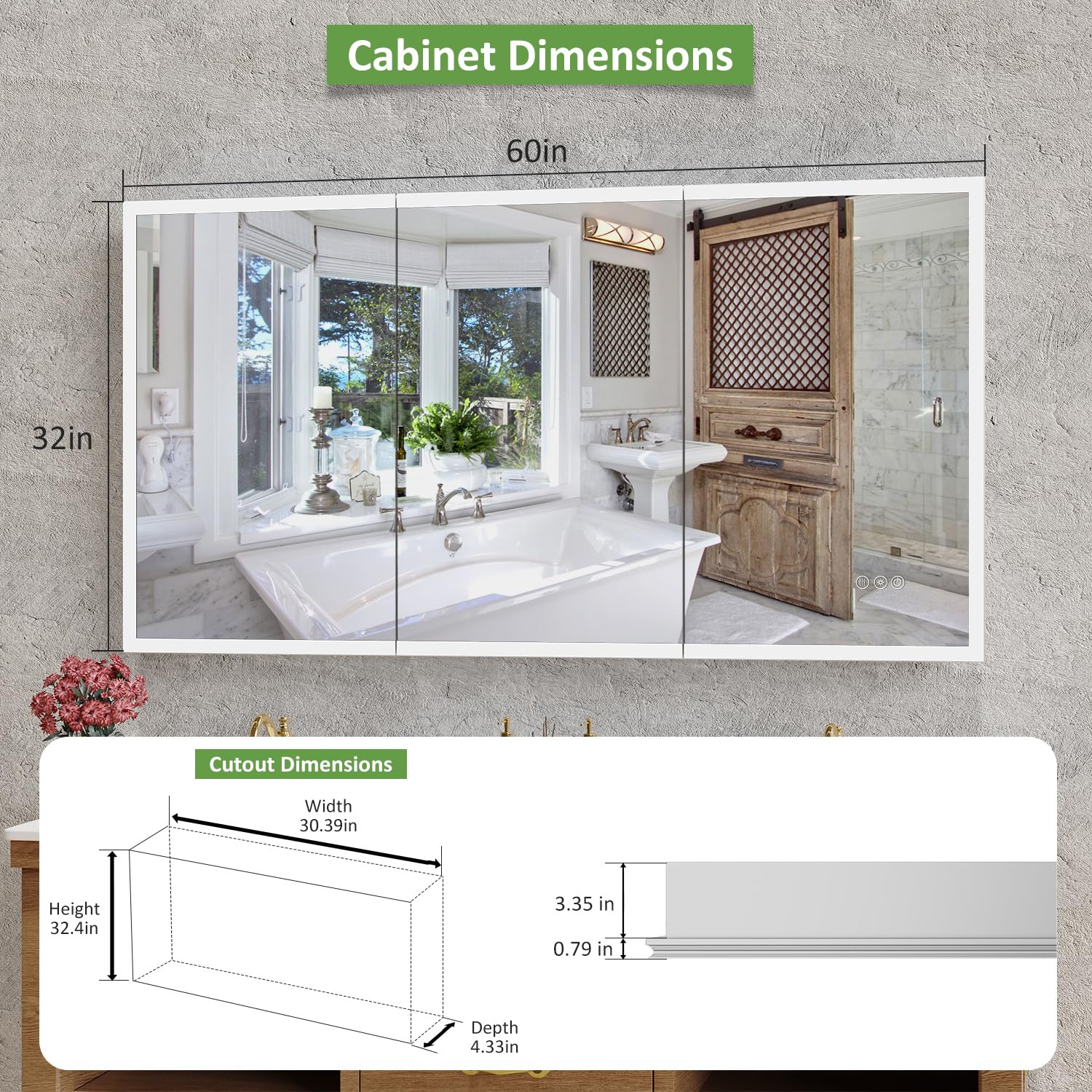 GUIQIYANG LED Lighted Medicine Cabinet with Mirror, 60X32 Inches Bathroom Mirror Cabinet with Lights, Recessed or Wall Mounted, 3 Color Temperatures, Anti-Fog