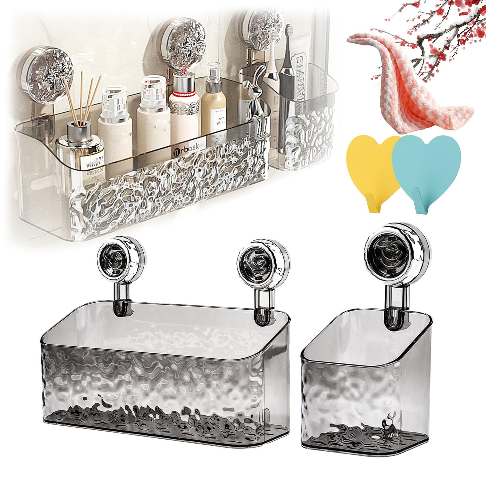 Hopasrisee Gray-S+L Light Luxury Style Glacier Pattern Suction Cup Shelf, Suction Cup Shower Caddy, Suction Cup Shower Shelves, No-Drilling Wall Mounted Removable Shower Basket For Kitchen Bathroom (Gray-S+L)