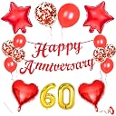 Flyloons 60th Anniversary Decoration Items Red for Men Women Husband Wife Home Living Room Parent With 10 Pc Confetti Balloons Happy Anniversary Banner 4 Pc Star Heart Set Kit Diamond Jubilee gallery image