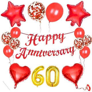 Flyloons 60th Anniversary Decoration Items Red for Men Women Husband Wife Home Living Room Parent With 10 Pc Confetti Balloons Happy Anniversary Banner 4 Pc Star Heart Set Kit Diamond Jubilee