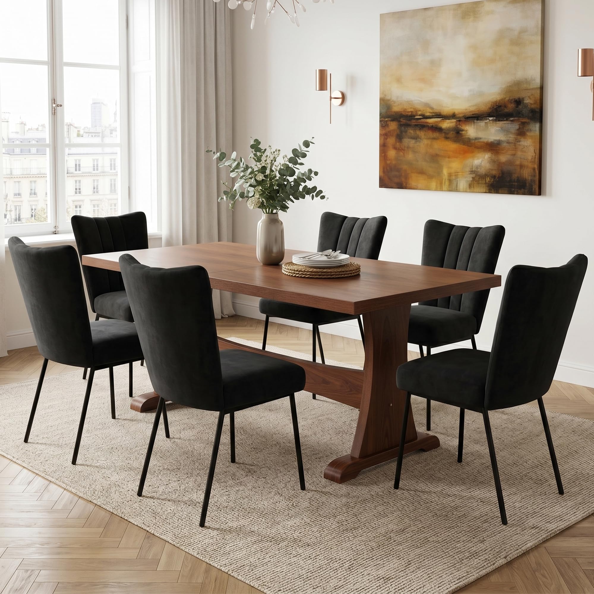 Nowoczesny zestaw stołów do jadalni z płyty MDF 160 cm z 6 czarnymi krzesłami Slish Kitchen Diner Fur na rodzinne posiłki i spotkania