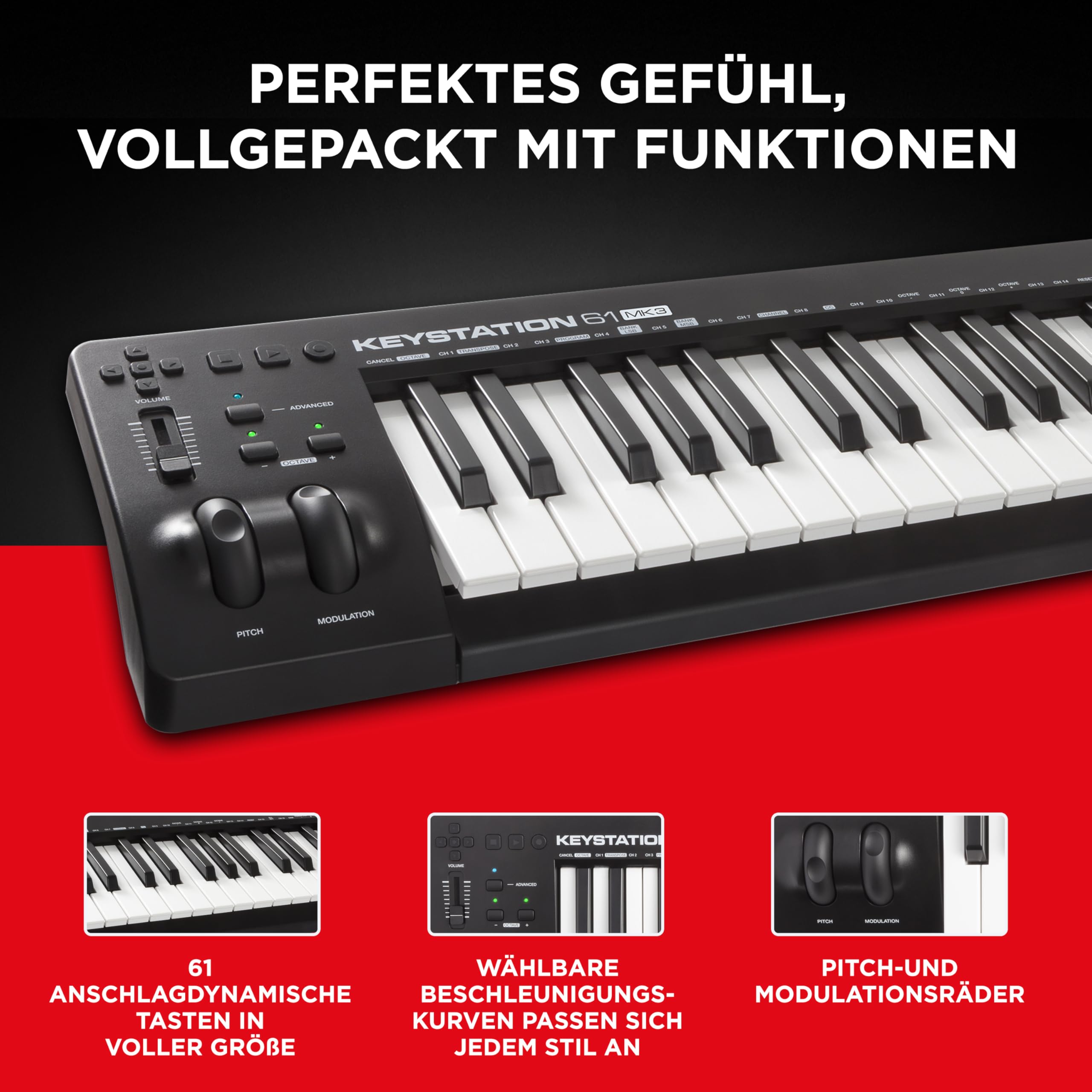 M-AUDIO Keystation 61 MKIII - Kompakter 61-Tasten MIDI Keyboard Controller mit Zuweisbaren Reglern, Pitch/Modulation Rädern, Plug-And-Play (Mac/PC) Konnektivität und Software Production Suite