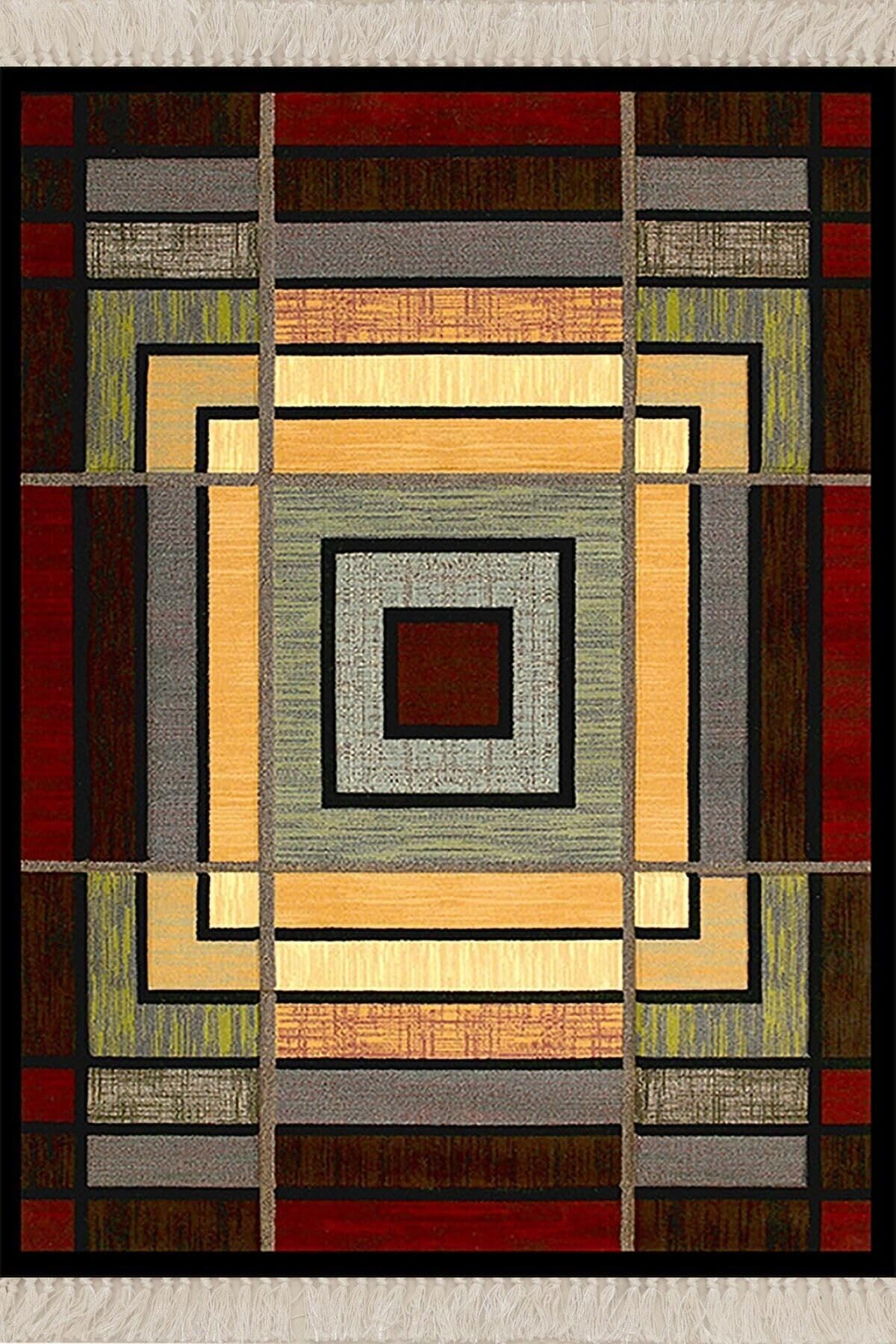 Pelangi Sarı Geometrik Kare Blok Desenli Dijital Baskı Yıkanabilir Kaymaz Taban Modern Halı, Hardal-Siyah 120 x 160