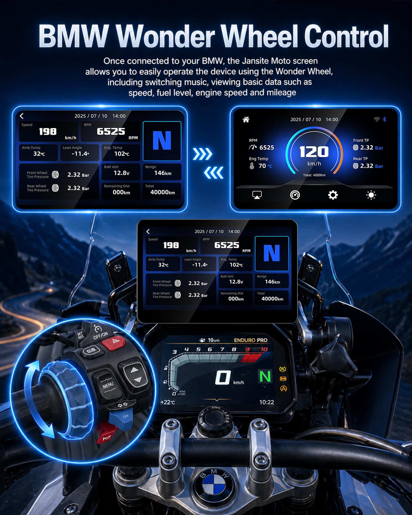 Jansite Carplay Moto avec Molette Wonder Wheel Native pour BMW Motorrad | 6,25'' Écran Tactile Étanche Tactile, CarPlay et Android Auto Sans Fil, Navigation GPS, Plug-and-Play