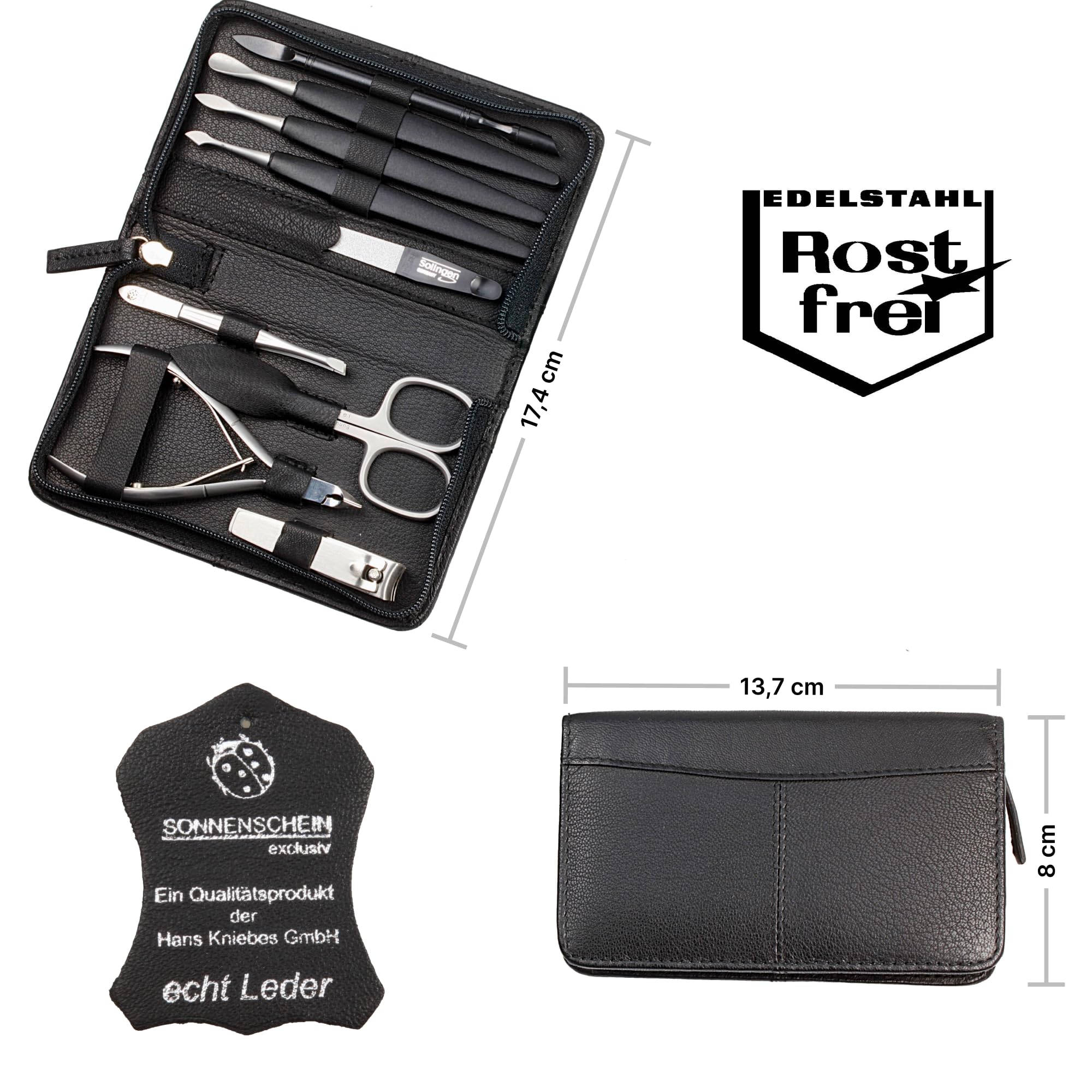 Sonnenschein by Hans Kniebes - Maniküre Set 9-teilig - Nagelschere, Hautzange, Knipser, Feile, Pinzette, Nagelhautdrücker, Nagelmesser/-reiniger, Hufstab - Maniküre-Etui aus Nappa-Schafleder schwarz
