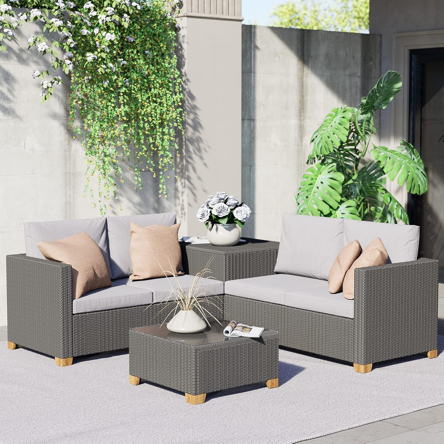 Grand Patio Outdoor Furniture Set with Glass Coffee Table,Wicker Patio Furniture Set with Woodgrain Feet,Modular Sectional Sofa Set for Backyard Garden Poolside(Coffee Table, Light Gray)