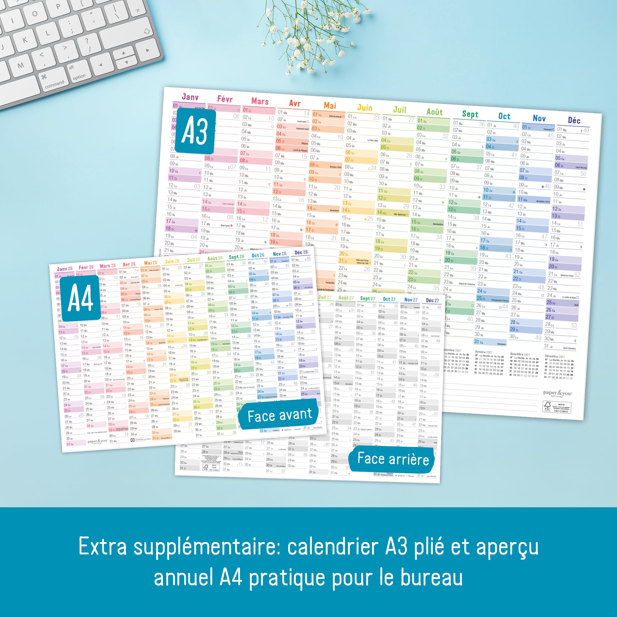 Calendrier mural 2026 A2 français 14 mois déc 2025 jan 2027 jours fériés France