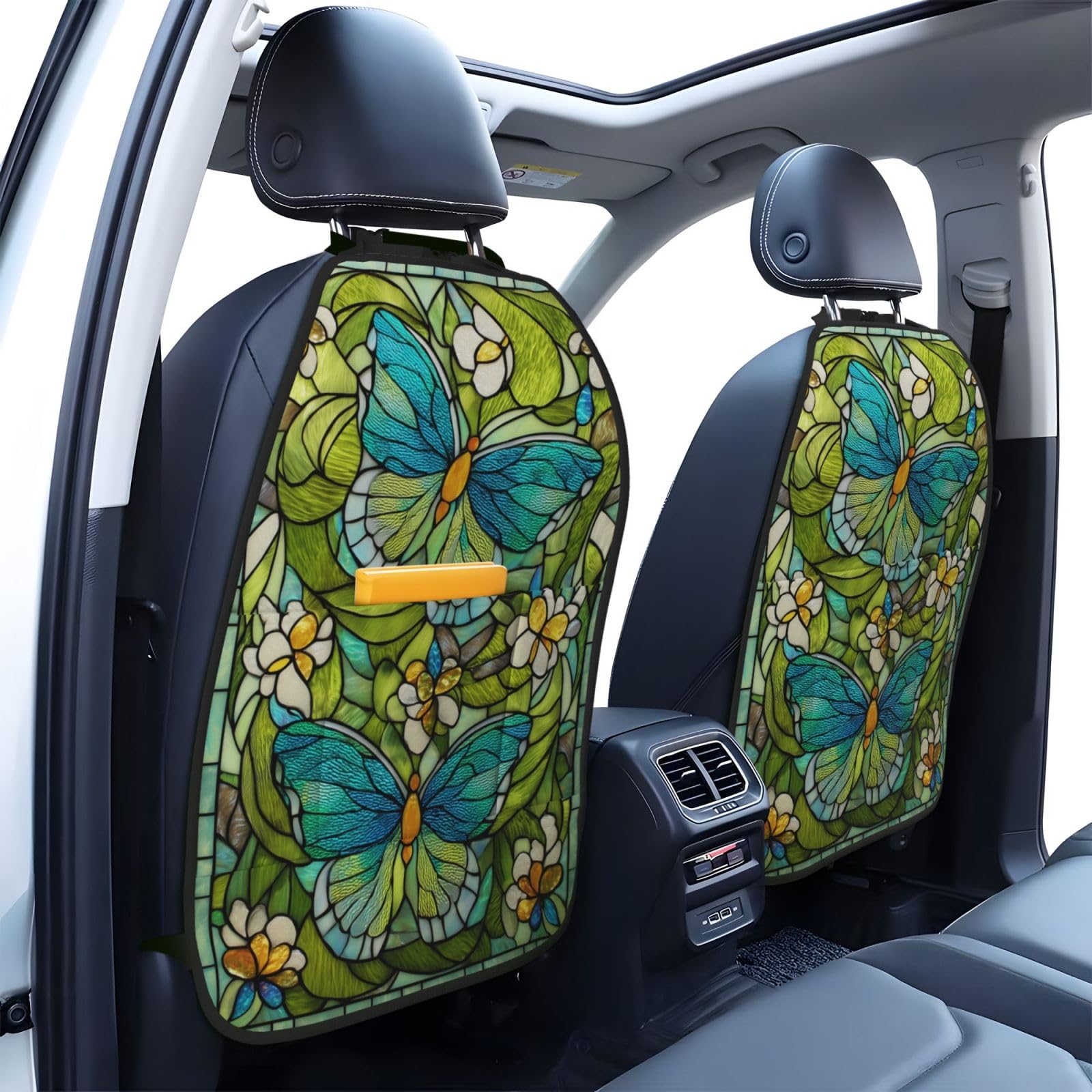 Stained Glass Lime Mint Green Butterflies Car Seat Back Kick Protectors,2 Pack Kick Mats With Storage Pockets For Vehicles To Protect From Dirt Mud Scratches