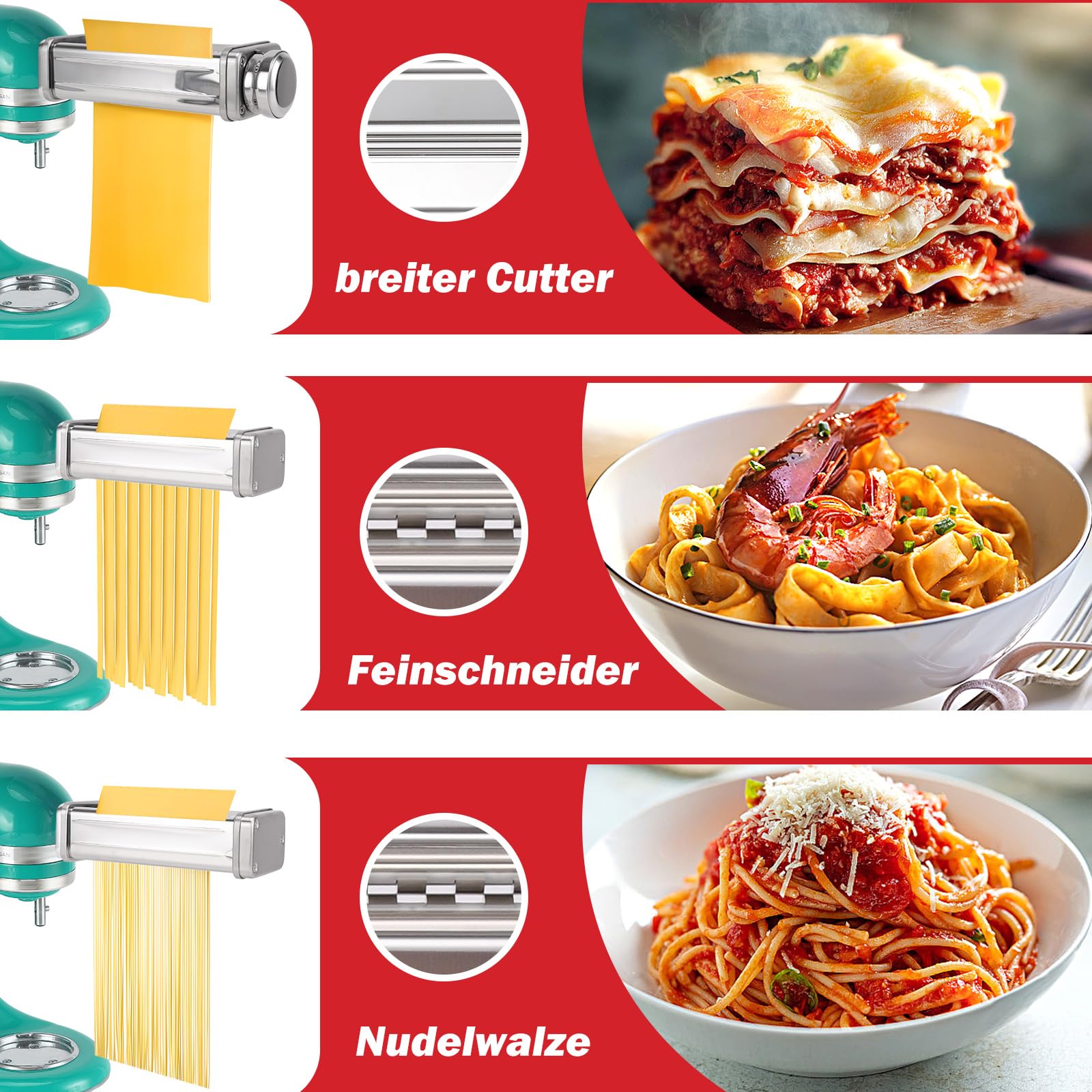 Nudelaufsatz für Kenwood Standmixer, inklusive Nudelblattwalze Spaghettischneider und Fettuccinischneider Nudelmaschine mit 8 Drehknopf zur Einstellung, für Kenwood Pasta Maker Zubehör
