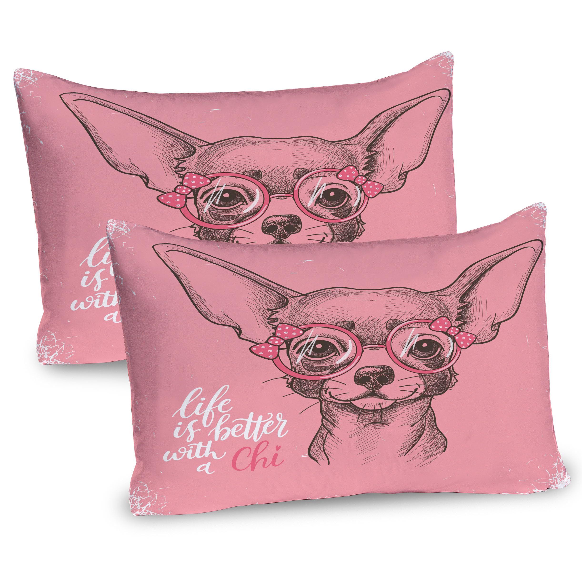 Ambesonne Dog Pillow Sham Set of 2, Chihuahua Sketch Artwork Words Fashion Glasses Ribbons Puppy on Blushy Back, Quality Microfiber Bedding Item for All Seasons, 30