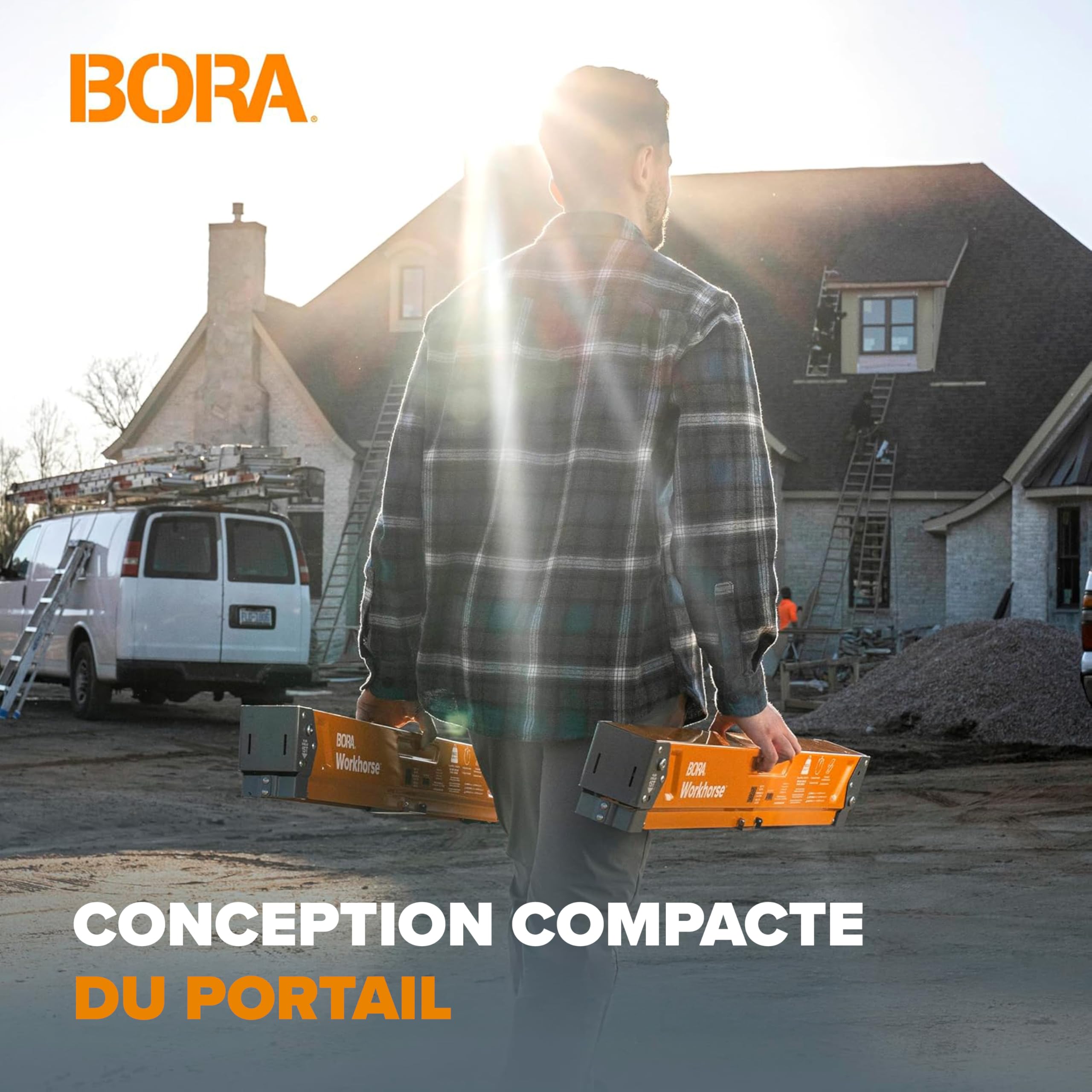 BORA Workhorse PM-3330T Lot de 2 chevalets de sciage pliables et robustes avec pieds réglables pour entrepreneurs et établi portable Orange
