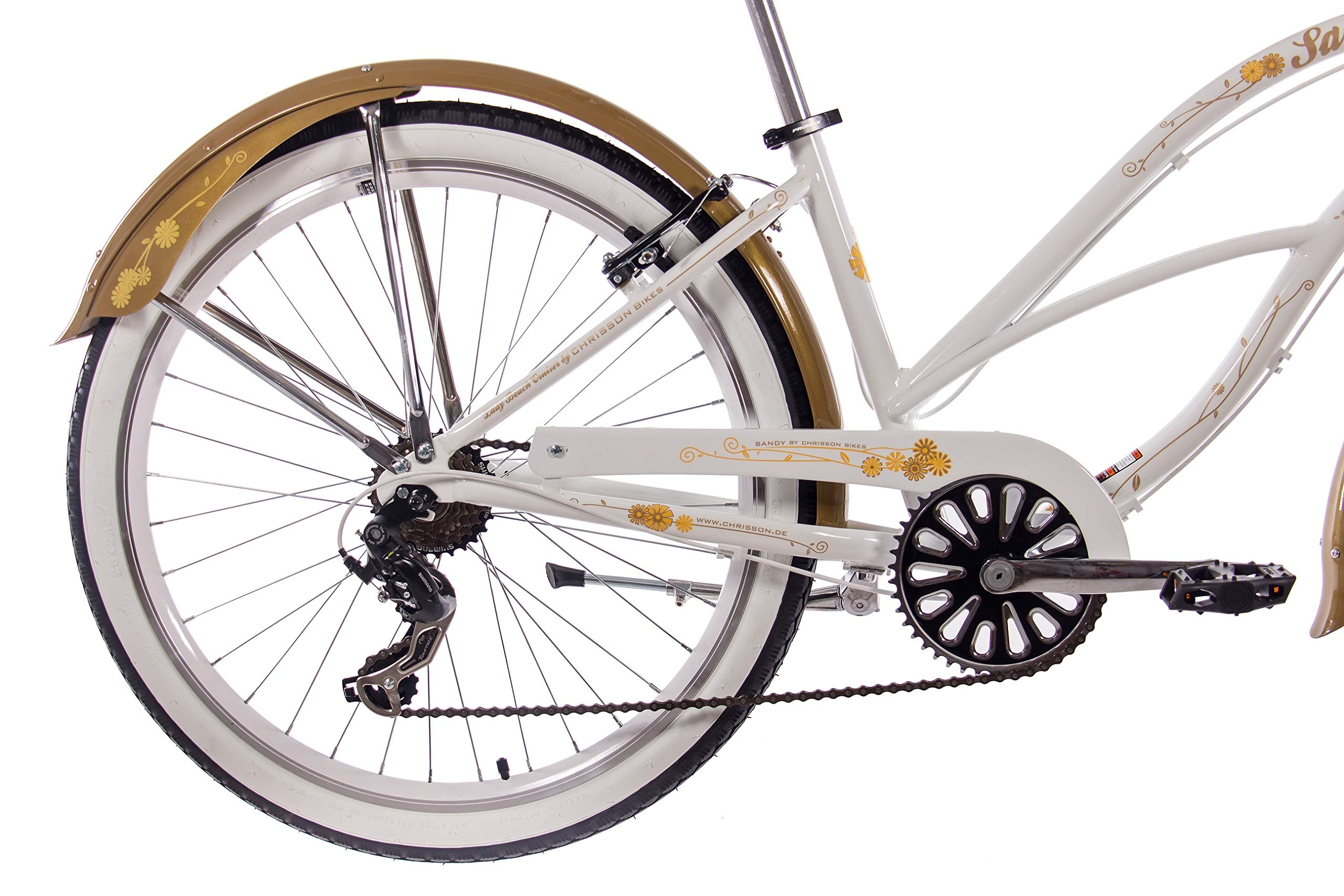 CHRISSON 26 Zoll Beachcruiser Sandy Weiss Gold mit 6 Gang Shimano Tourney Kettenschaltung, Damenfahrrad im Retro Look, Vintage Cruiser Bike