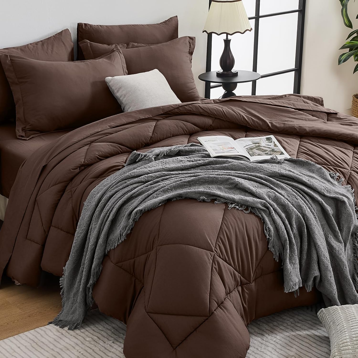 HEVUMYI 7-Piece Oversized Queen Comforter Set, Brown Bed in a Bag