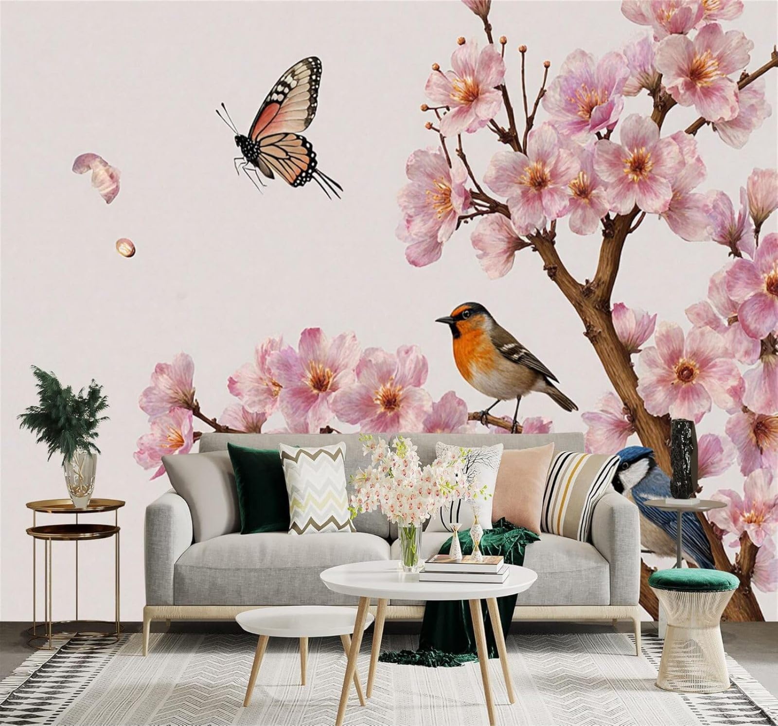 Tzxztt Spring Pink Cherry Blossom Trees Birds Butterflies Modern 3D Wallpaper Premium Textured Silk Neutral Tones Material Ideal for Living Room Bedroom-200cm×140cm