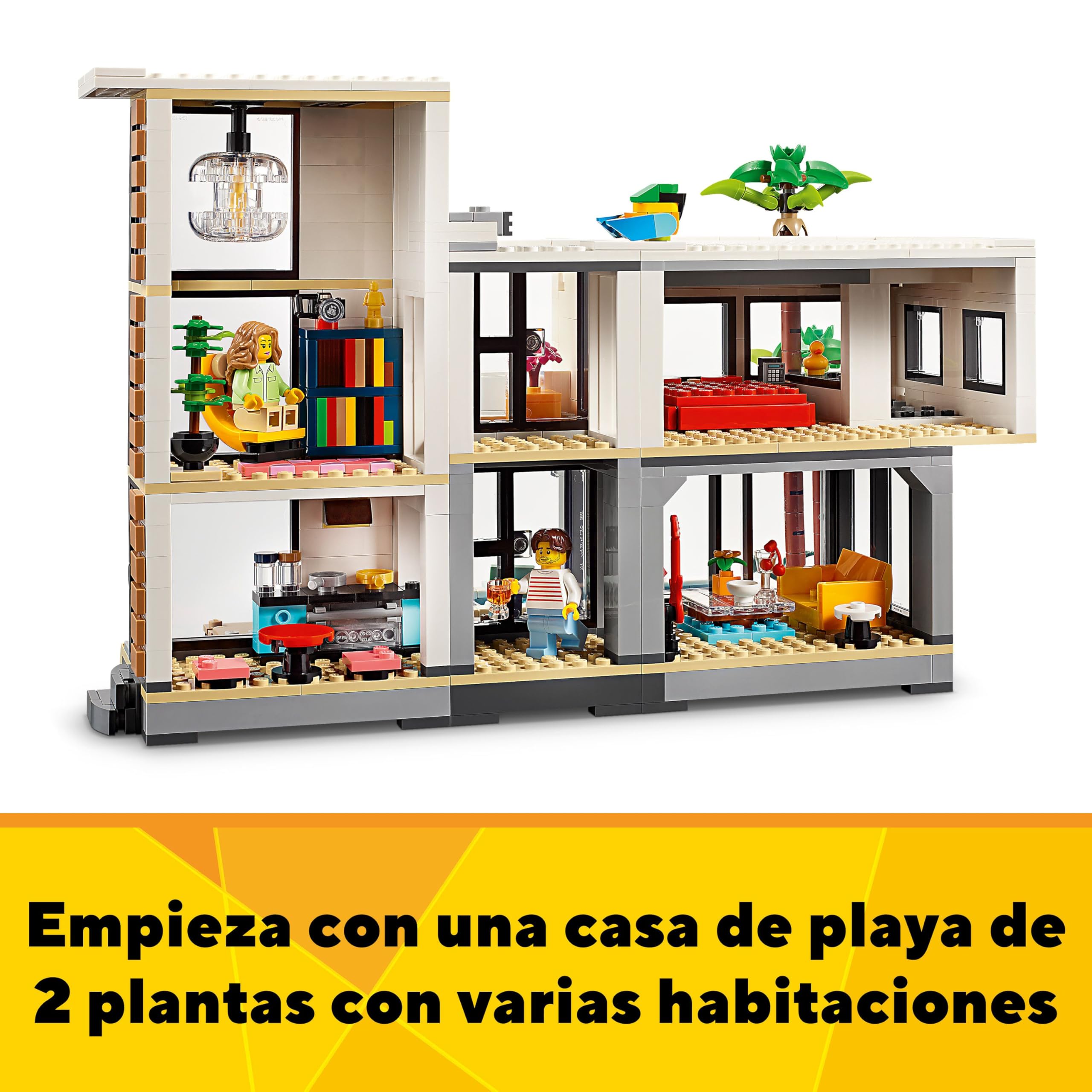 LEGO Creator 3 en 1 Casa Moderna de Juguete Convertible en Edificio de 3 Plantas o Cabaña del Bosque, Kit de Construcción con 2 Minifiguras, Regalo para Niños y Niñas de 9 Años o Más y Artistas 31153