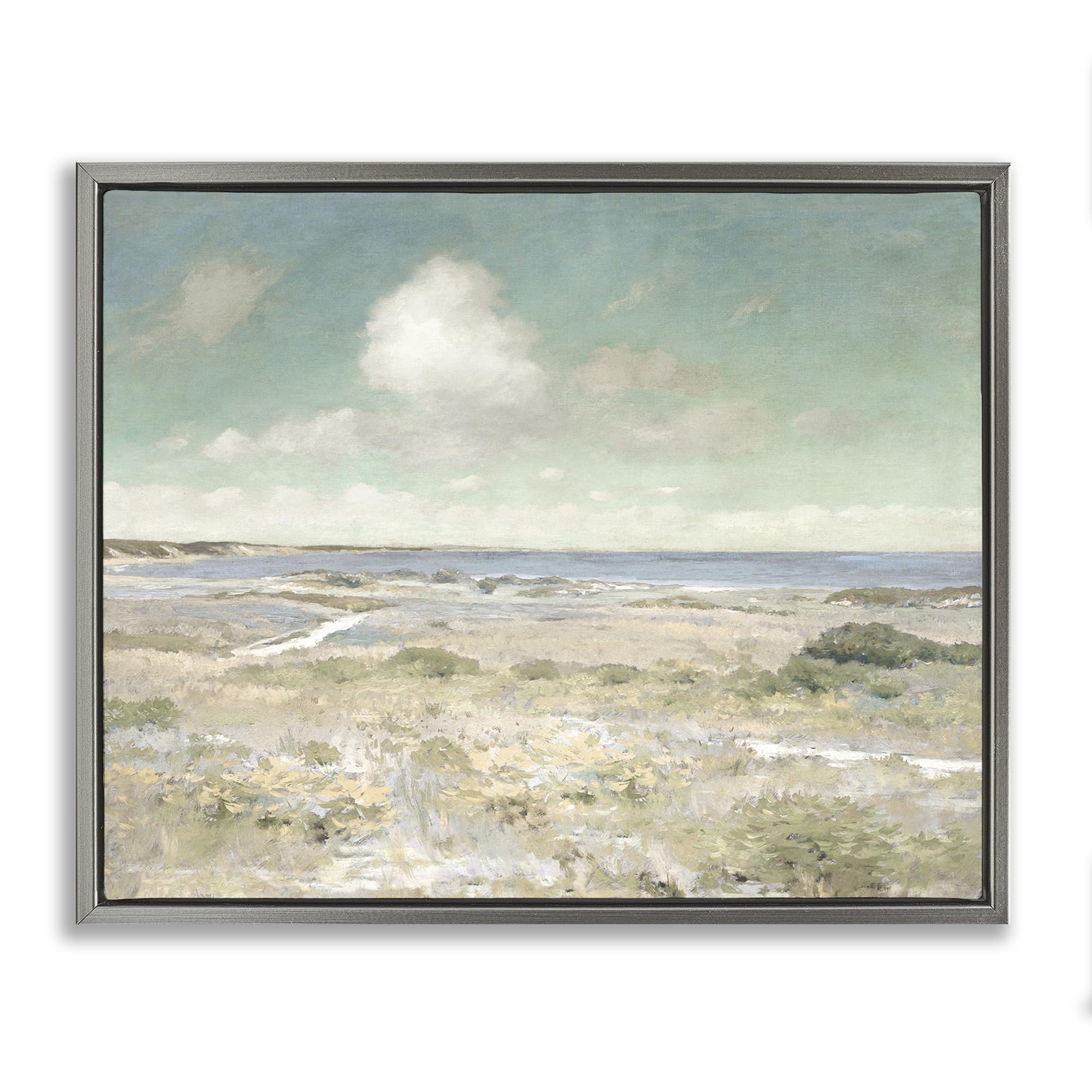 Stupell Industries Serene Coastal Watercolor View 'Water View With Clouds', Floating Frame Canvas Art, Gray, 31 X 25 Inches, Easy To Hang And Sturdy, Made In Usa, By Christy Mckee