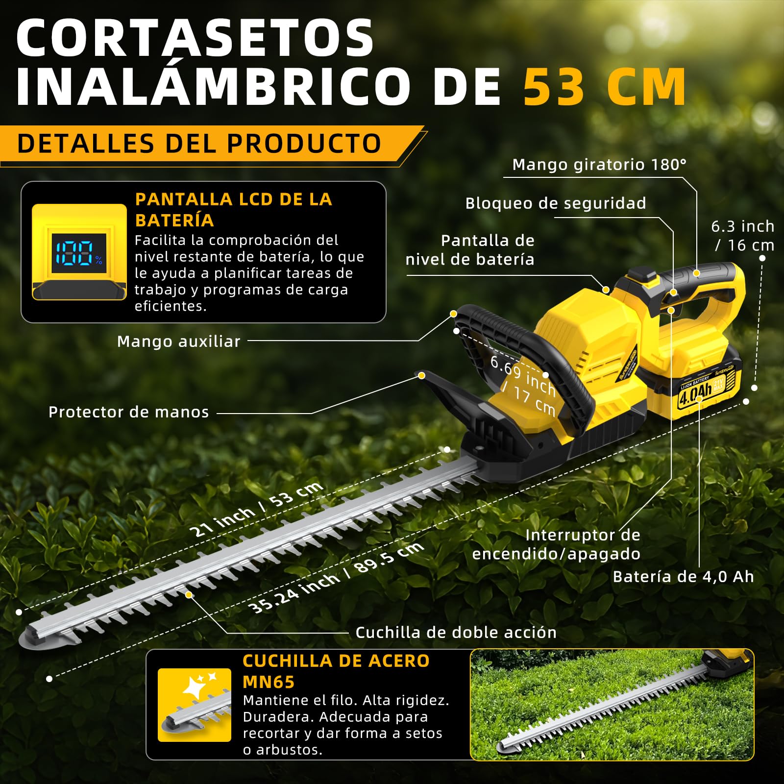 53cm Cortasetos Bateria 2 x 4.0Ah - 21V Cortasetos Electrico Inalámbrico con Mango Giratorio de 180°, Espesor de Corte 16mm, Corta Setos Jardin Electrico para Setos, Arbustos y Poda