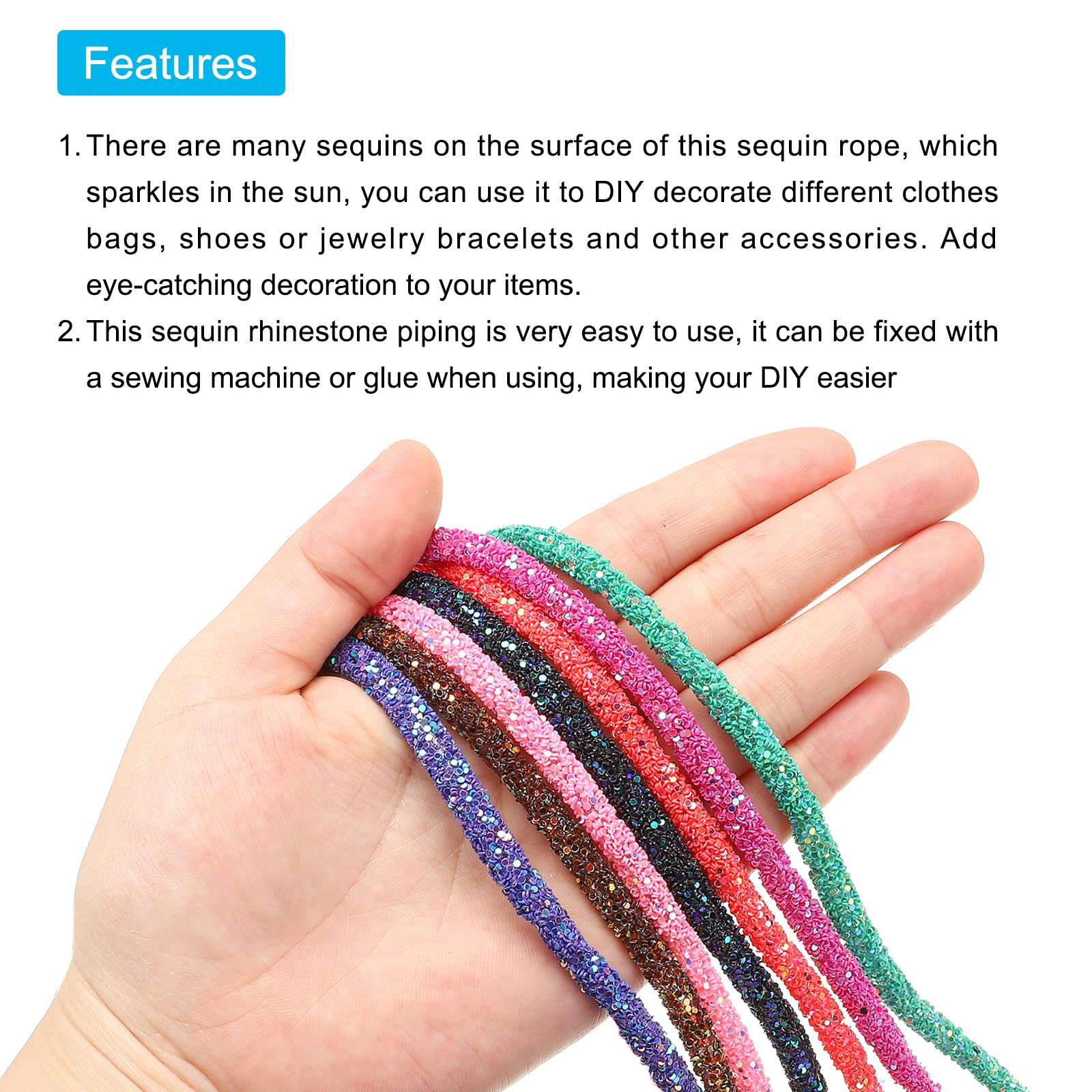 sourcing map 5 Yard 6mm 0.24 Inch Glitter Sequins Rope, 2 Pcs Sequins Rhinestone Tube Cord for DIY Wedding Dresses Costume Clothing Shoes Jewelry Accessory, Light Pink — view 4