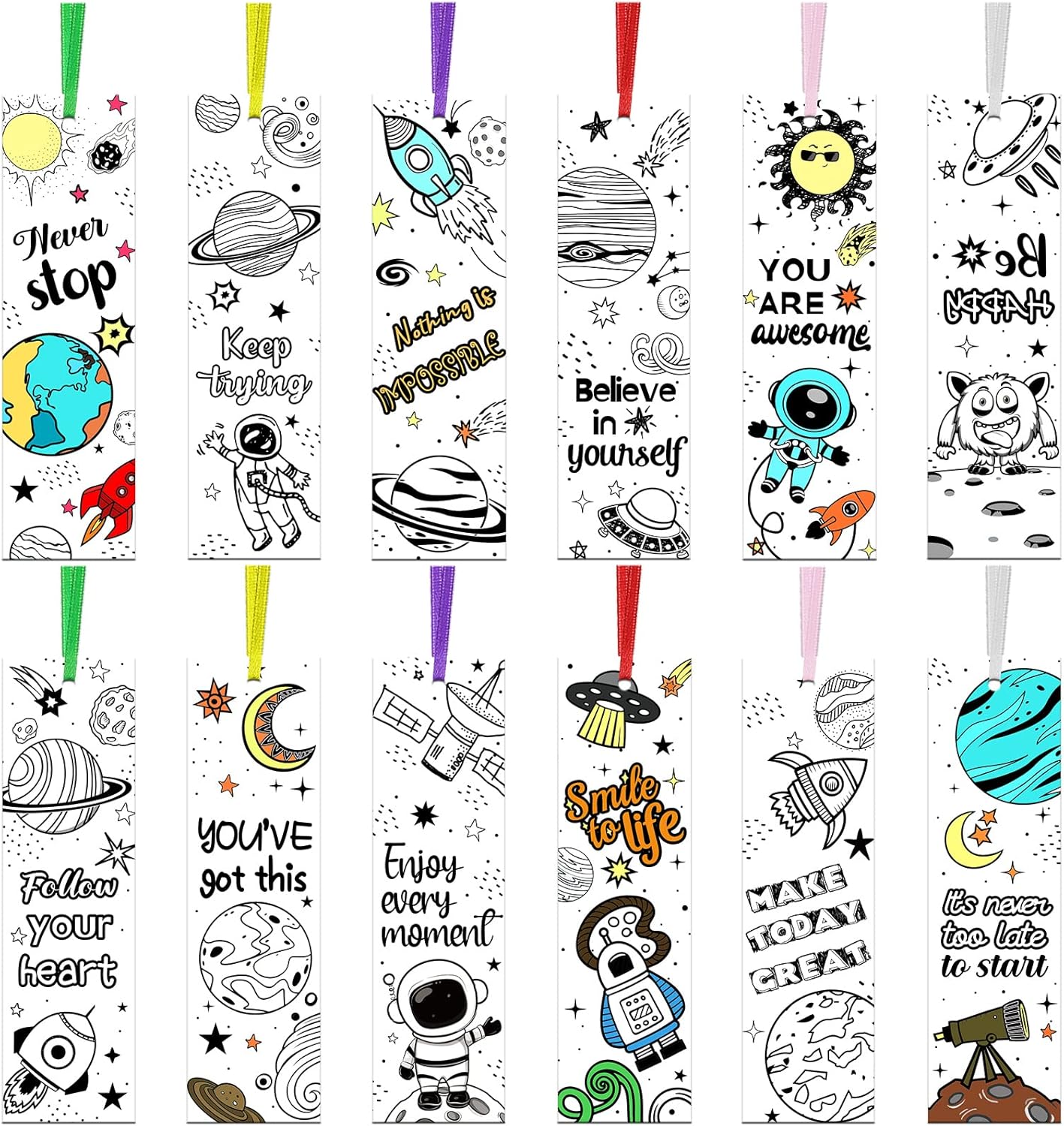 Planet Style 108 Pcs Color Your Own Inspirational Bookmarks for Kids & Students – DIY Motivational Coloring Blank Paper Bookmarks for Teachers & Students – Birthday DIY Supplies