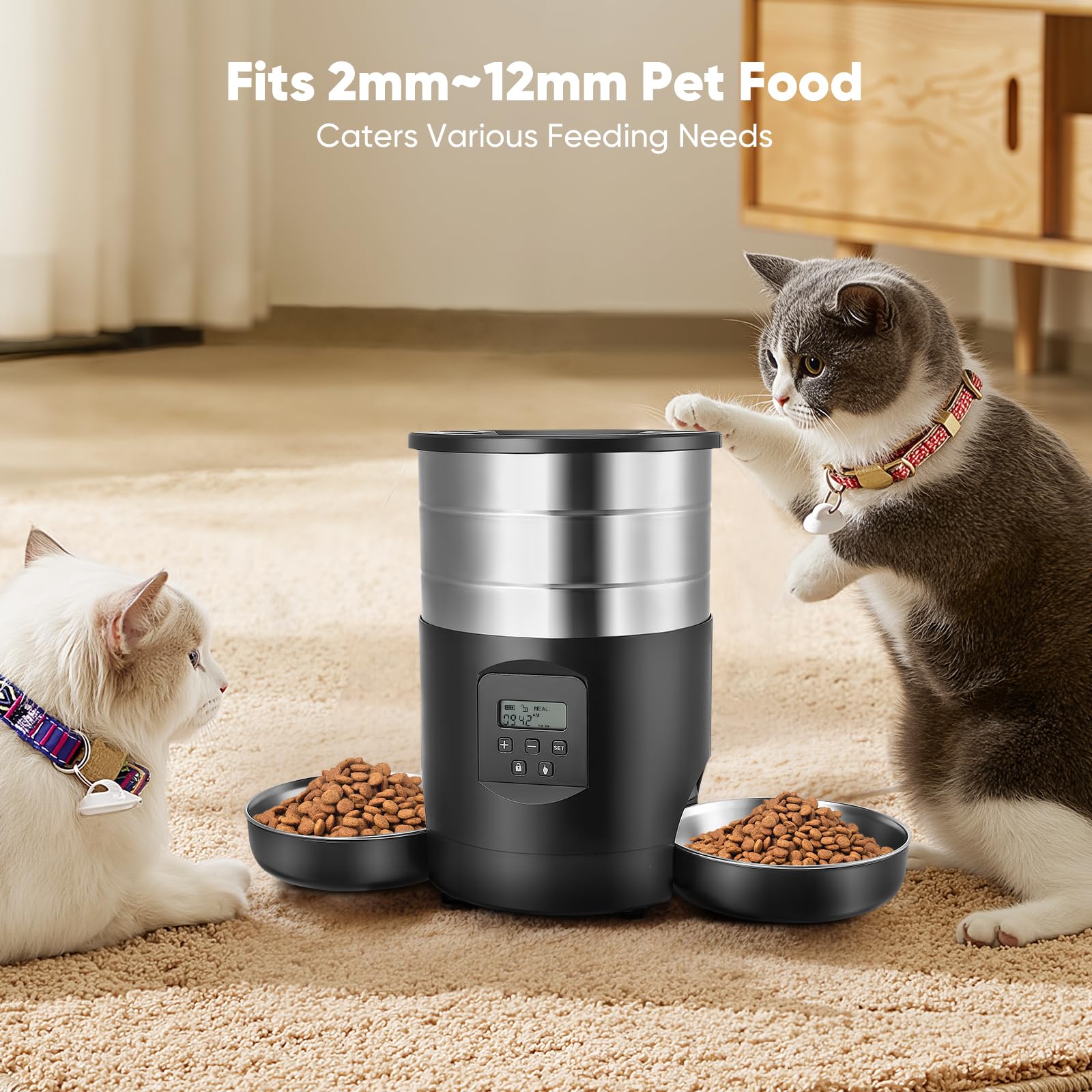 Comedero Automático Gatos 5L con 2 Cuencos, WiFi 2.4G & App Temporizador, Dobles Cuencos Interior Comedero Inteligente, Alimentación Doble con Control de Botones
