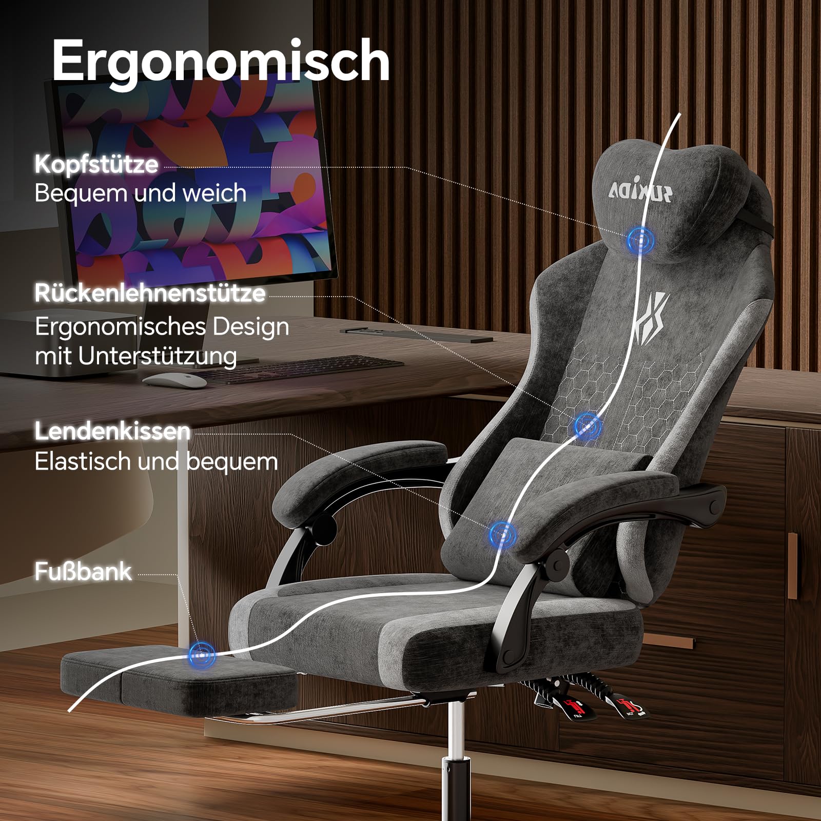 SUKIDA Gaming Stuhl, Ergonomischer Schreibtischstuhl mit Fußstütze Kopfstütze und Lendenkissen, Schreibtischstuhl mit Stoffoberfläche Hochwertiger - Stoff, Schwarz