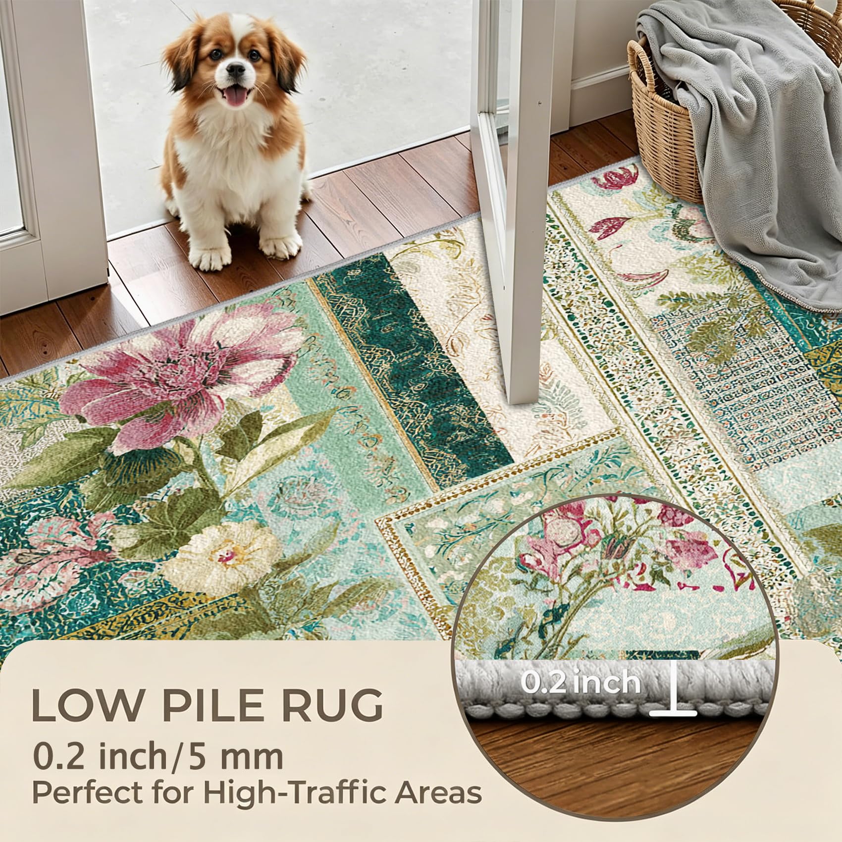 Générique Vert Sauge Tapis Patchwork Carré Salon 100x150 cm | Tapis Chambre Lavable Antidérapant Poil Court, Moquette Motif, Décoration Carpet