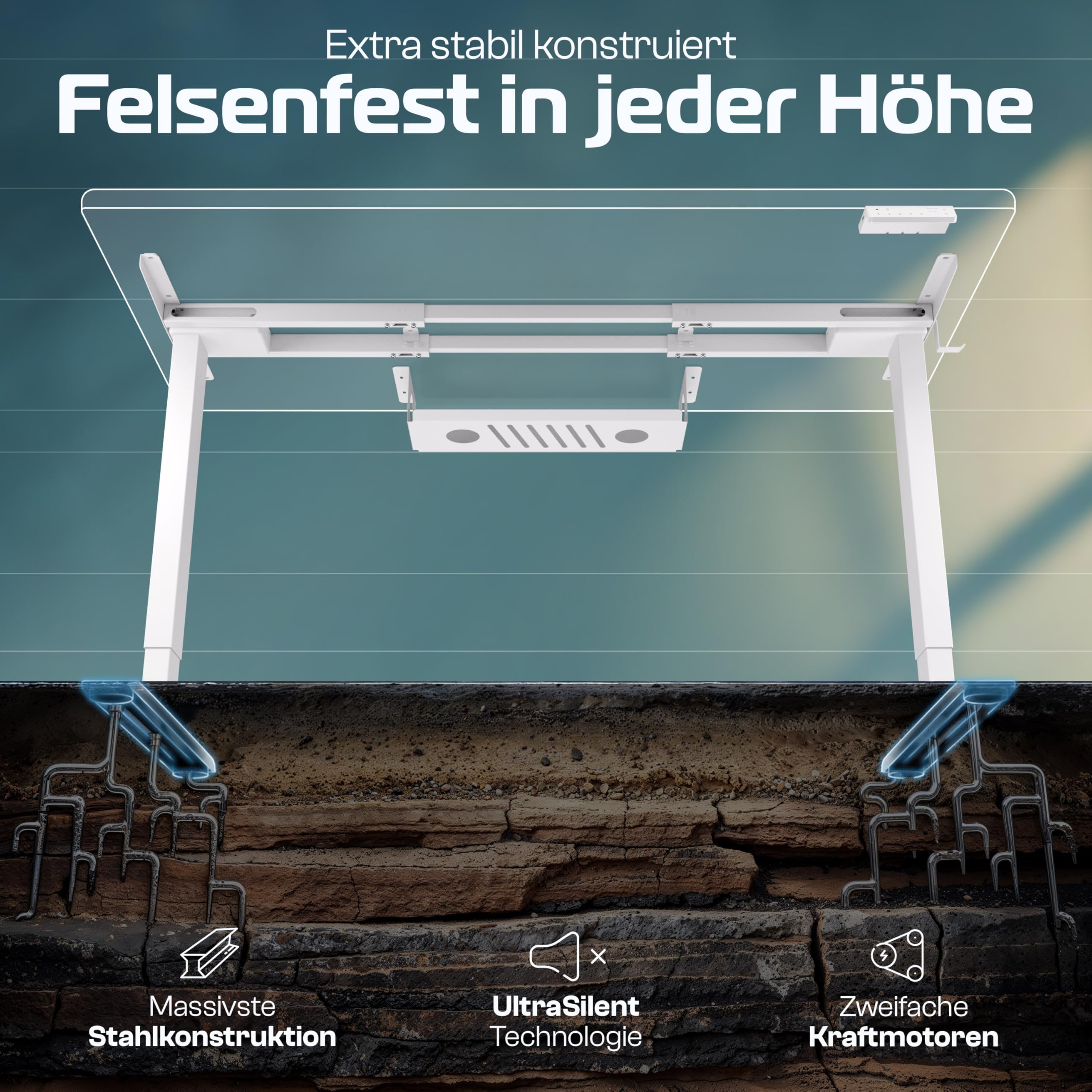 CLOUVOU ProDesk Schreibtischgestell höhenverstellbar elektrisch [TESTSIEGER] Dual-Motor Höhenverstellbarer Schreibtisch Gestell (120kg Tragkraft) mit Memory-Funktion, 2xUSB und Kabelversteck