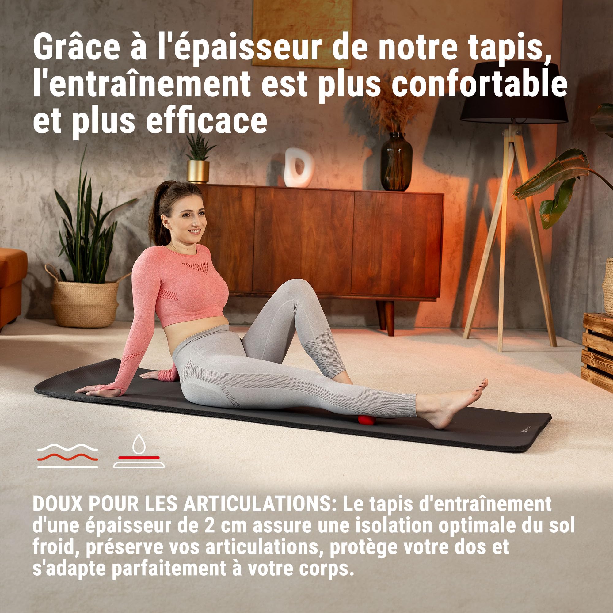 HOP-SPORT® Tapis de Fitness antidérapant 190 x 60 x 2 cm, Tapis Pilates Yoga et Gymnastique avec Sangle de TranSPORT en Mousse NBR pour Entraînement à la Maison, Doux pour la Peau