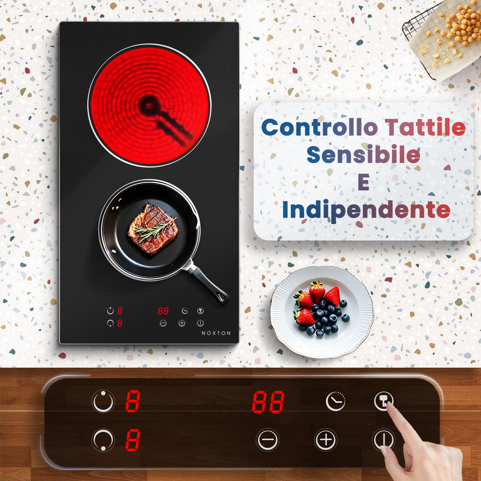Piano Cottura Vetroceramica 2 Fuochi, 30cm Ceramica Cucina Incasso, 3000W | Piastra Elettrica, Toccare, Timer, Serratura di Sicurezza, Fornello Elettrico 2 Piastre per Maggior Pentola