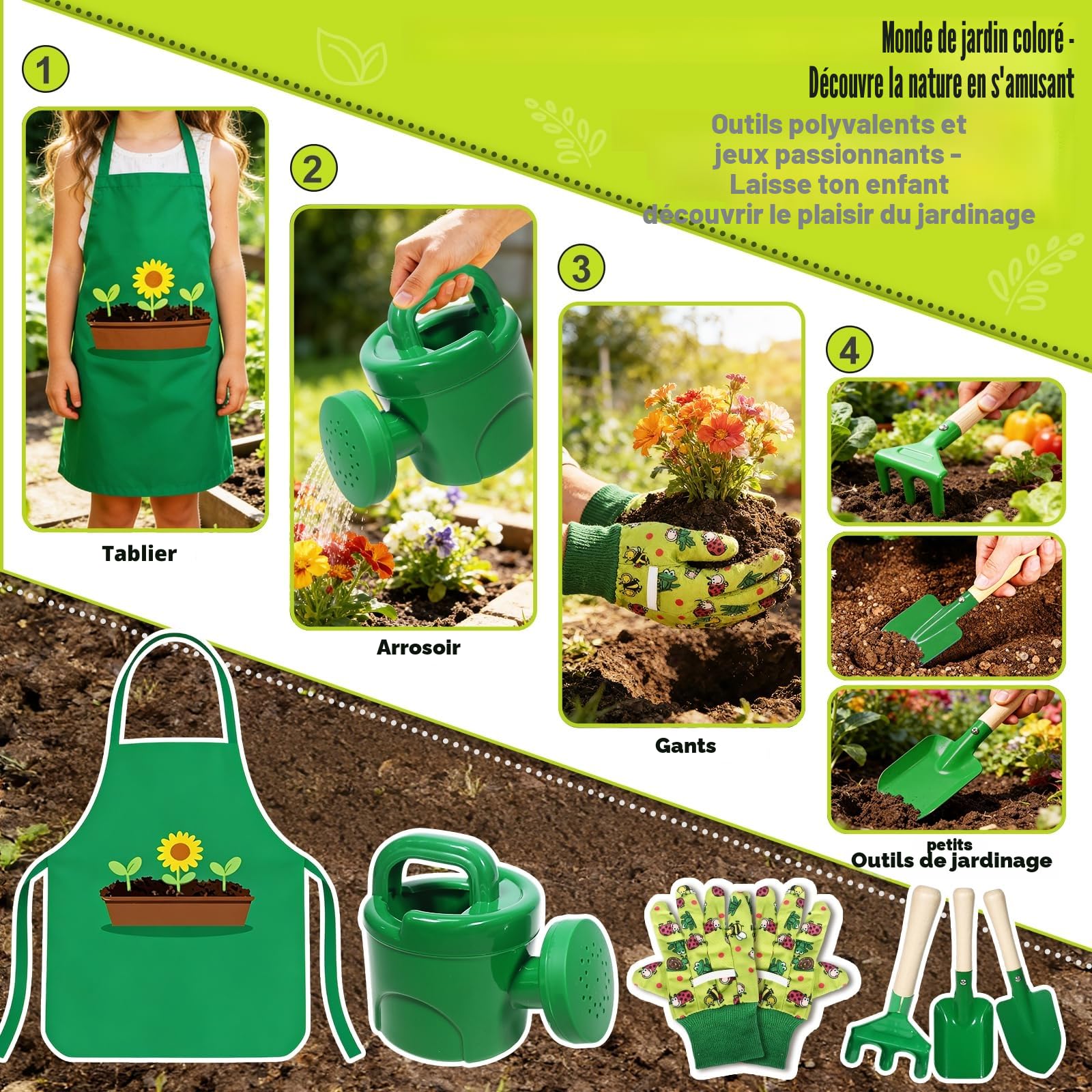 Outils Jardinage Enfant, 10 Kit Jardin Métal avec Pelle, Râteau, Fourche, Gants de Travail, Tablier, Arrosoir, Ensemble Complet de Jardinage pour Enfants, Jardin Extérieur, Cour, Pelouse (A)