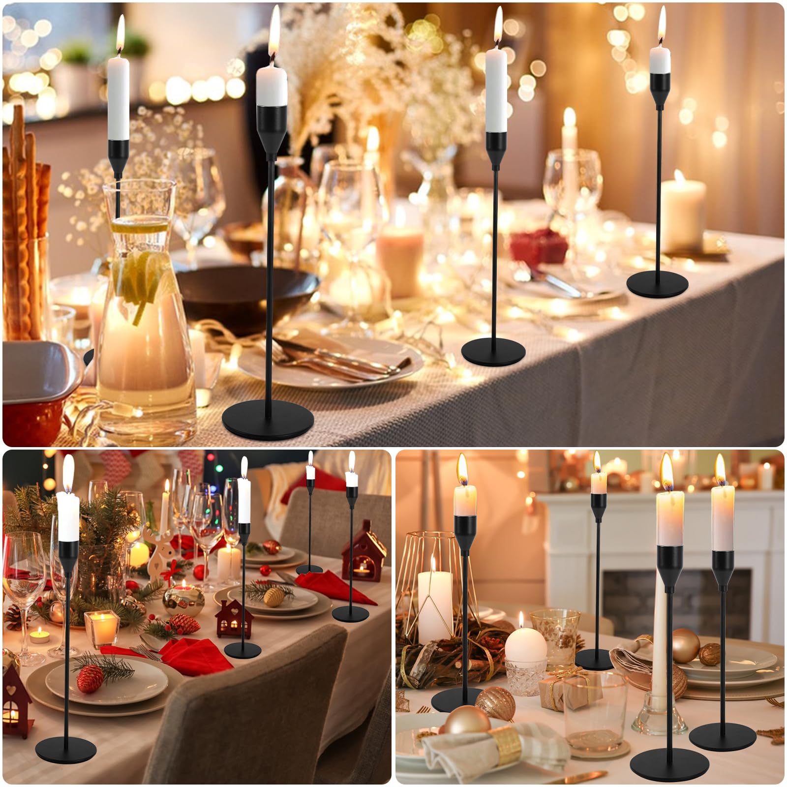 Set 6 Portacandele Neri In Metallo - Altezze Diverse Per Candele Coniche, Decorazione Elegante Per Matrimoni E Cene