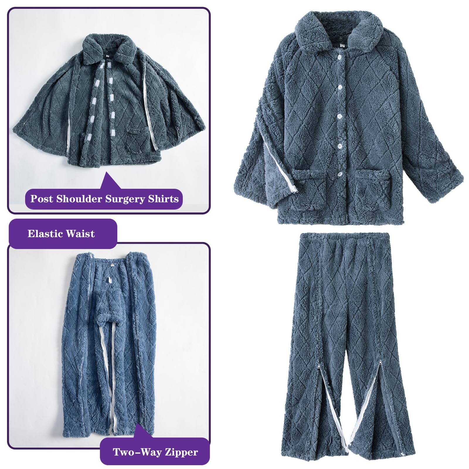 ApuaVireo&Co Męskie, puszyste, puszyste piżamy dla pacjentów leżących w łóżku, zimowe, flanelowe piżamy, odrywane ubrania(Grey,XX Large)