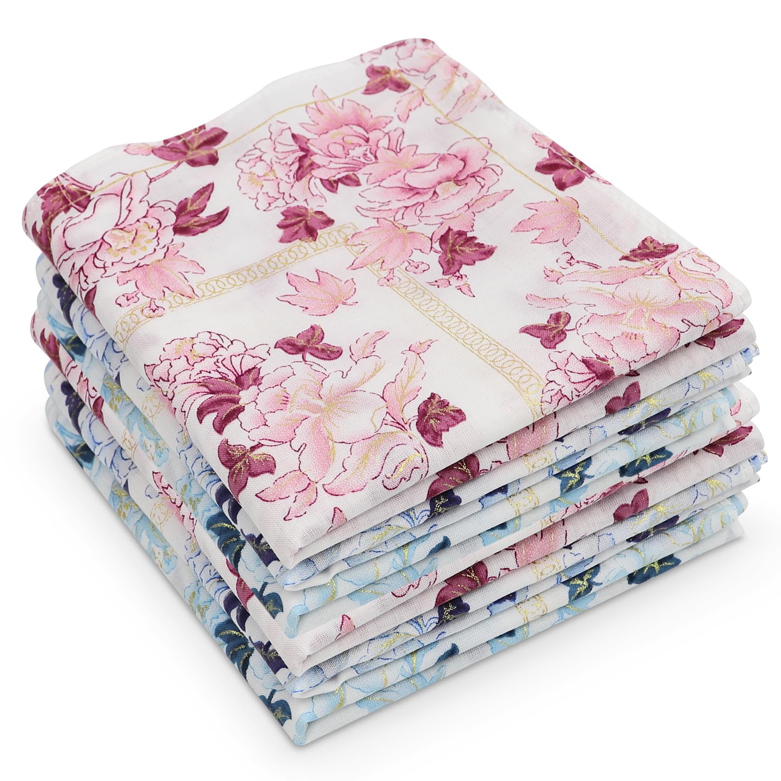PTMJYGBLadies Handkerchief Cotton Machine Wash - 100% 60S Handkerchiefs for Women Soft Cotton, Vintage Floral Printing Handkerchiefs Women, Floral Print Hankies for Wedding Party, 6PCS, 18x18