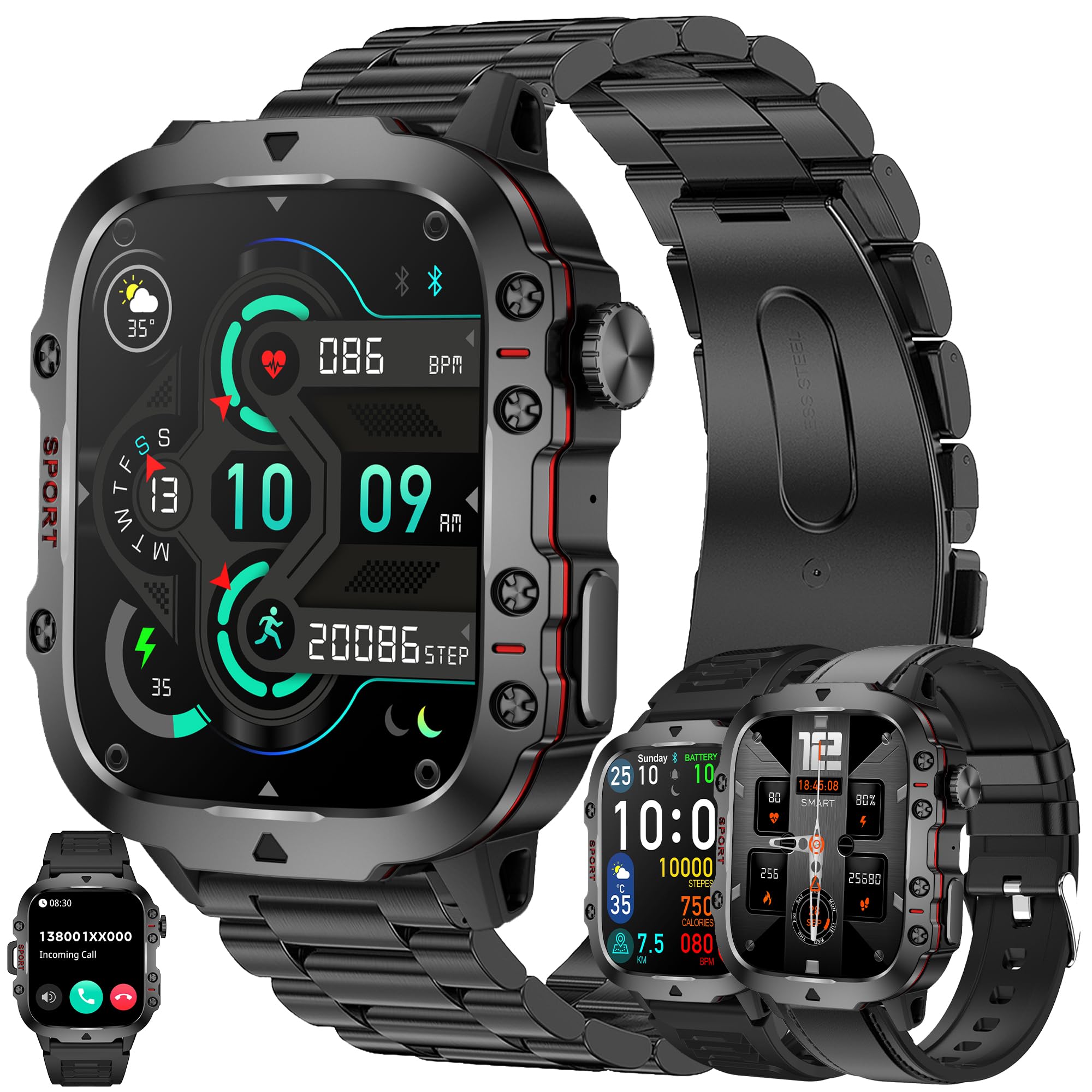 Reloj Inteligente Hombre con Llamadas, 1,96 Pulgada Smartwatc Hombre Deportivo con Podometro Pulsometro SpO2 Sueño Presion Arterial Actividad 3ATM Reloj Digital para iOS Android (Negro)
