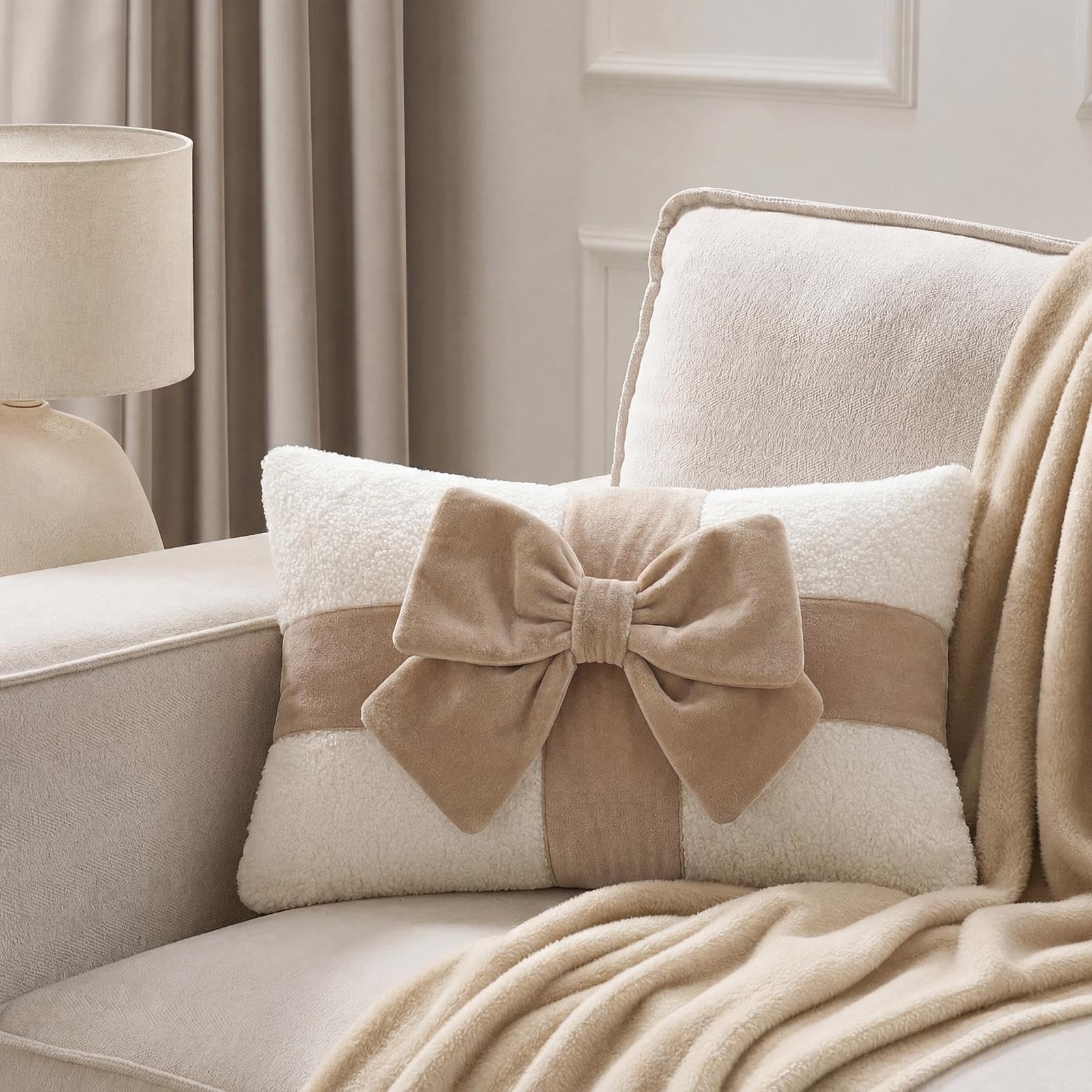 OHS Bow Wrapped Novelty Cushions Boucle Decorative Pillows, Natural/Cream
