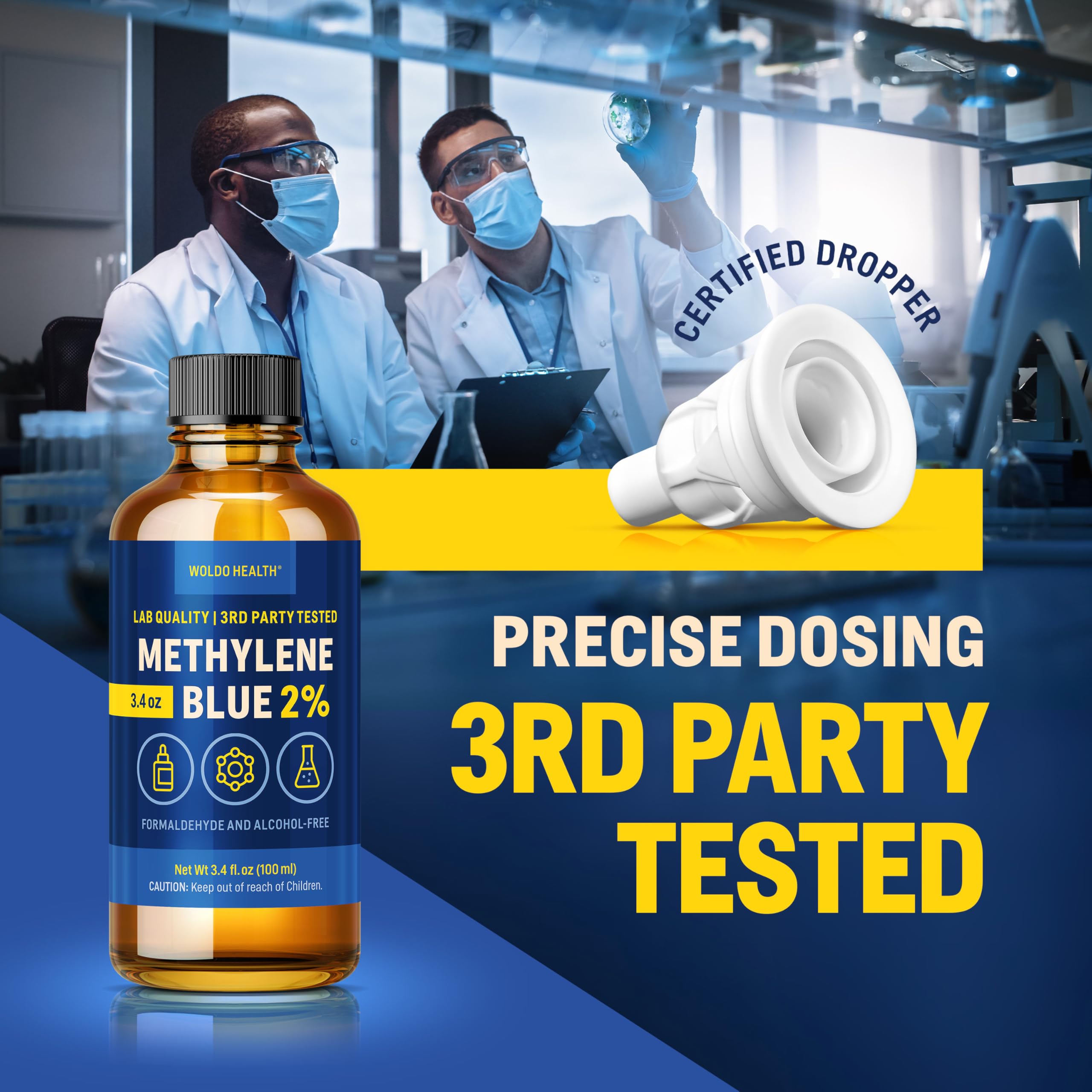 Bleu de méthylène 2 % de qualité pharmaceutique avec pipette 100 ml – Sans formaldéhyde, sans alcool, protégé de la lumière, pureté de laboratoire