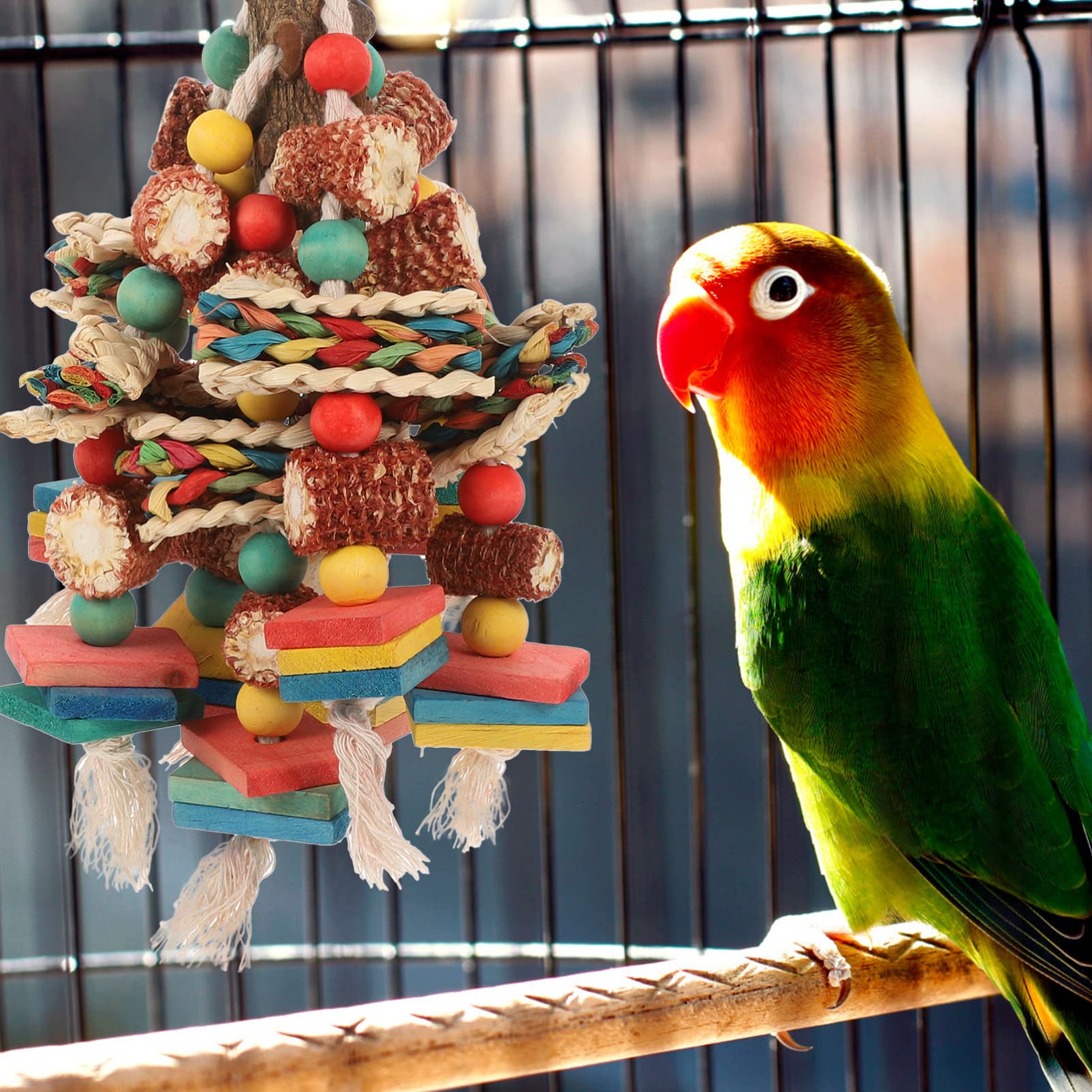 Jouet à Mâcher en Bois Suspendu pour Perroquets Cockatiel et Calopsittes la Cage à Oiseaux