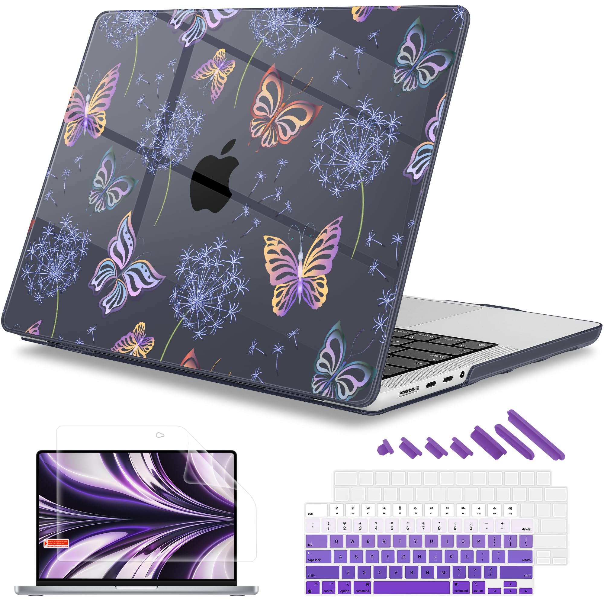 Mektron for M4 MacBook Pro 14-inch Case 2024 A3112 A3401 A3185 Fits 2023/2021 M3 A2918 A2992 M2 A2779 M1 A2442 Pro/Max, Printed Plastic Hard Shell Laptop Cover, Dandelions and Butterflies