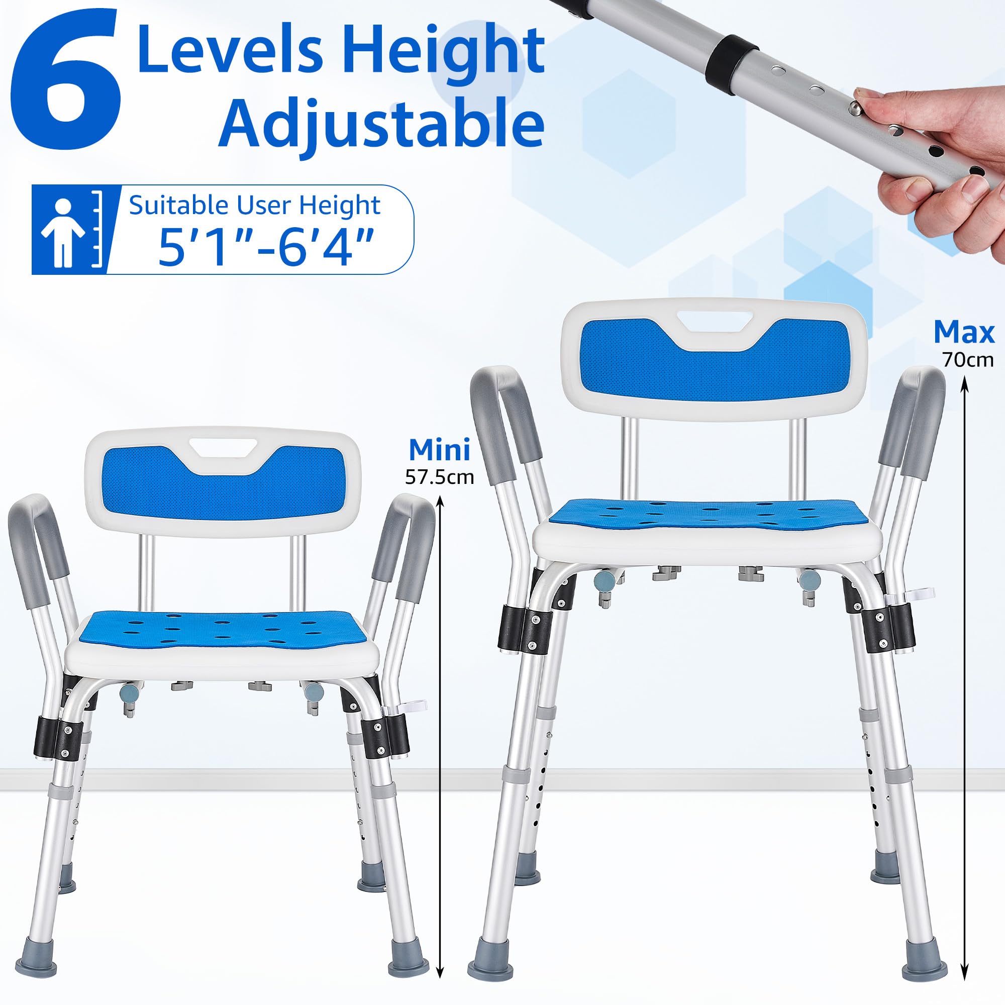 Sedia per Doccia per Anziani e Disabili, Sgabello Doccia con Braccioli e Schienale Rimovibile, Sedile per Vasca da Bagno Antiscivolo Regolabile in Altezza, portata fino a 150 Kg, Blu