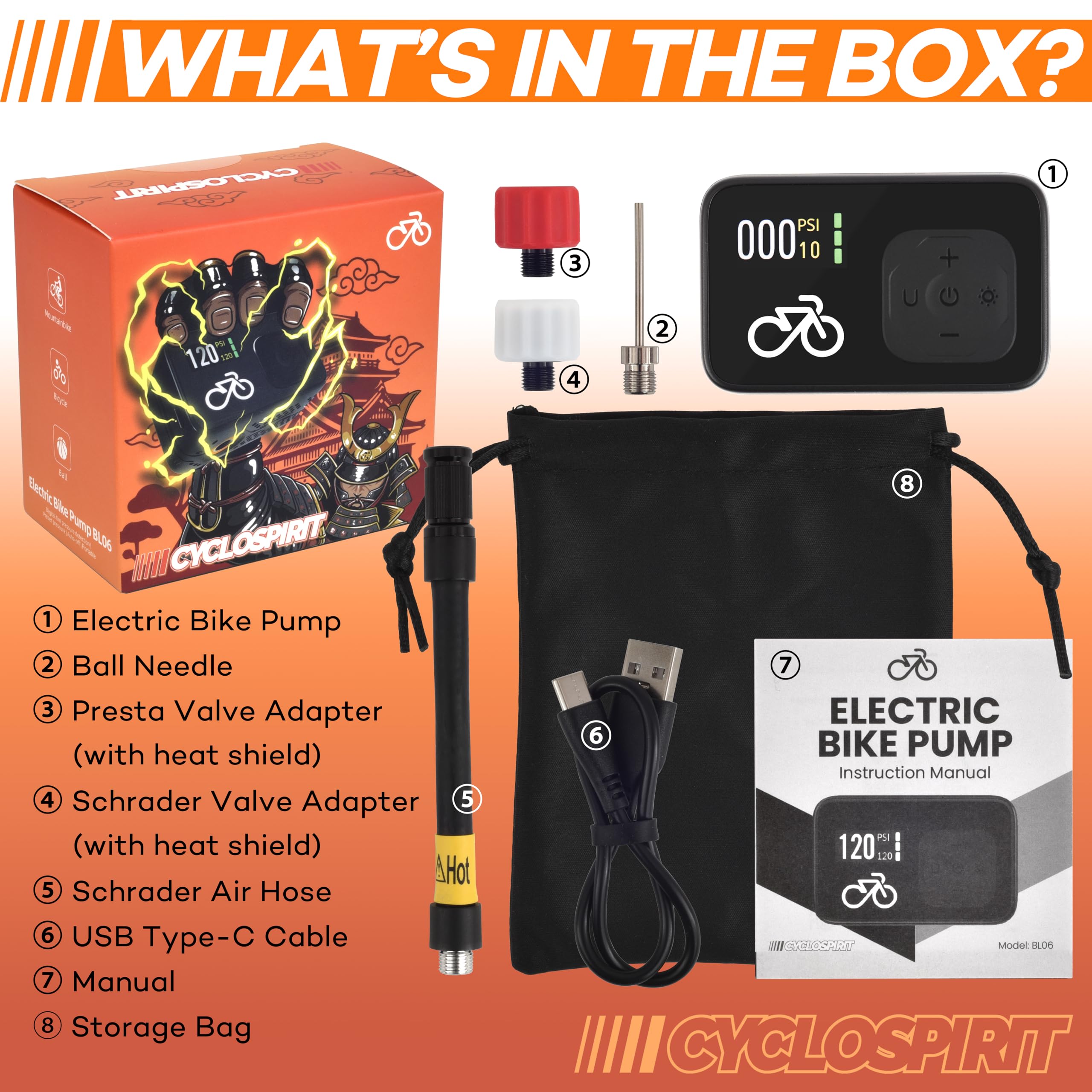 CycloSpirit Mini Electric Bike Pump with Digital Gauge, 120 PSI, Auto Shutoff at the Selected Pressure, USB-C, Presta & Schrader Compatible : Sports & Outdoors
