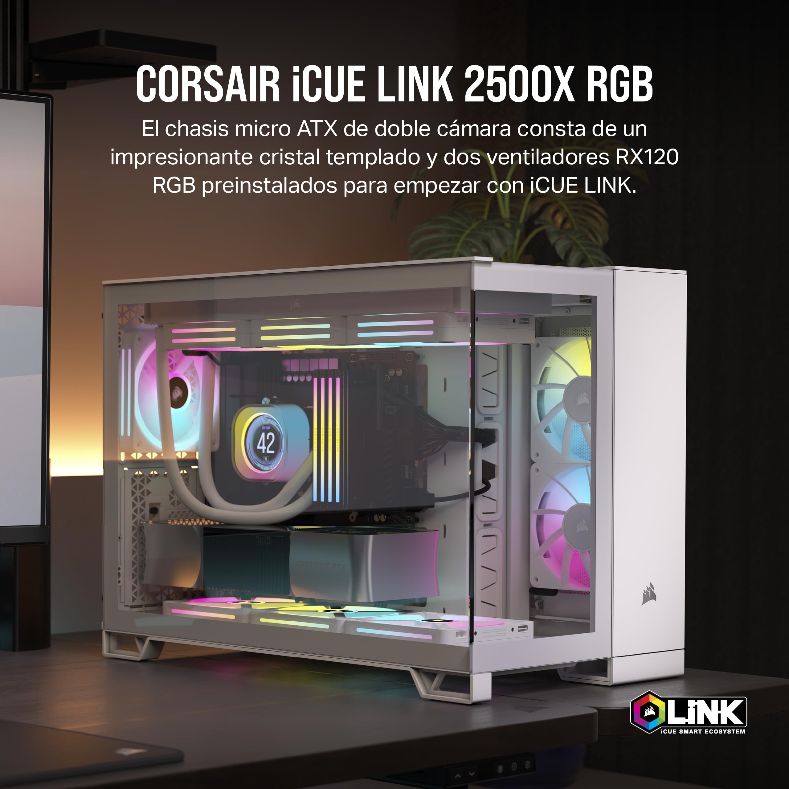 CORSAIR iCUE LINK 2500X RGB Pequeña-Torre mATX Caja de PC de Doble Cámara - Cristal Templado Panorámico - Compatible Placa Base Conexión Inversa - 2x Ventiladores CORSAIR RX120 RGB Incluidos - Blanco