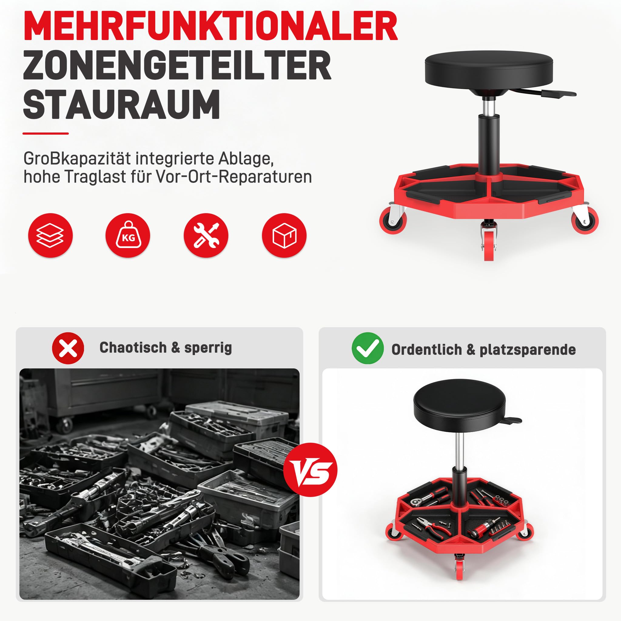 XMTECH Taboret warsztatowy z kółkami, regulacja wysokości, 150 kg, półka na
