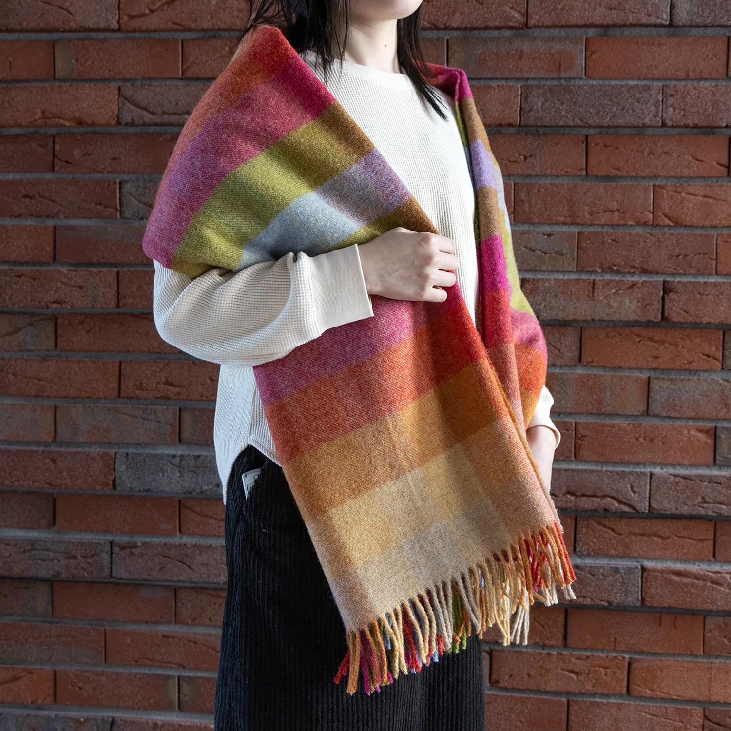 丸眞 MOON ひざ掛け ブロックチェックブランケットレッド ウール