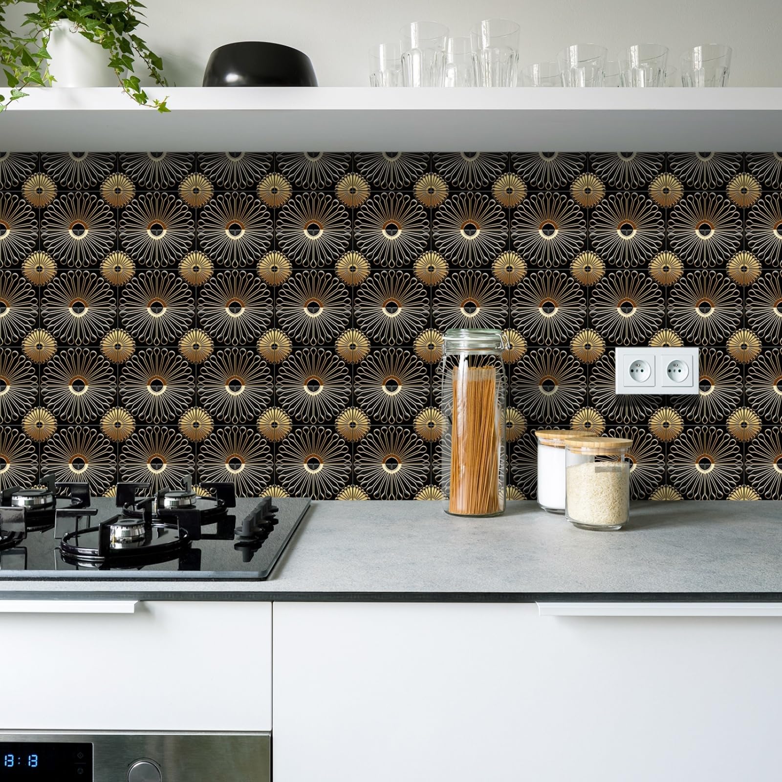 Stick on Tiles Black Gold Mandala Tile Stickers for Bathroom Kitchen Backsplash Waterproof Tile Covers for Fireplace Surround Cabinet Furniture Stick on Kitchen Tiles 20x20 cm/10 pcs