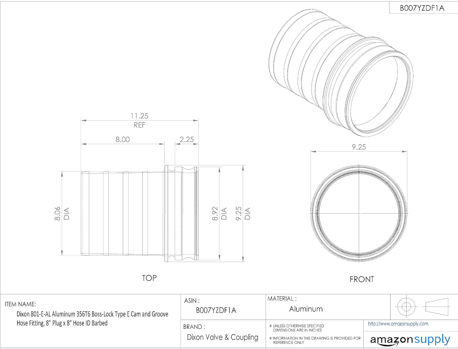 Dixon 801-E-AL Aluminum 356T6 Boss-Lock Type E Cam and Groove Hose Fitting, 8" Plug x 8" Hose ID Barbed