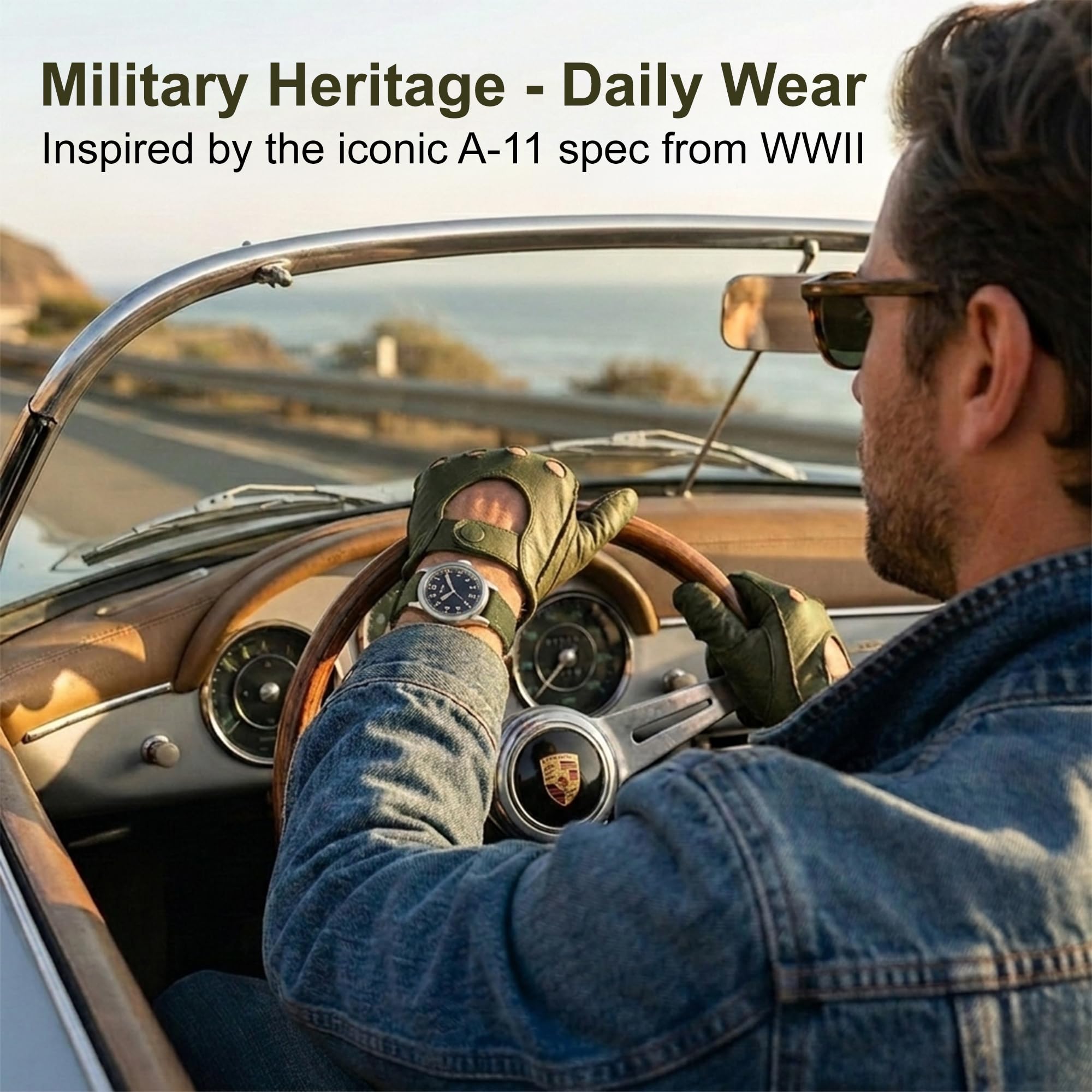 PRAESIDUS | 𝗔-𝟭𝟭 𝗦𝗲𝗿𝘃𝗶𝗰𝗲 𝗪𝗮𝘁𝗰𝗵 - Orologi da Polso da Uomo Militari - Quadrante Bianco da 38 mm e Cinturino in Tela Verde, Assemblato negli USA, Automatico