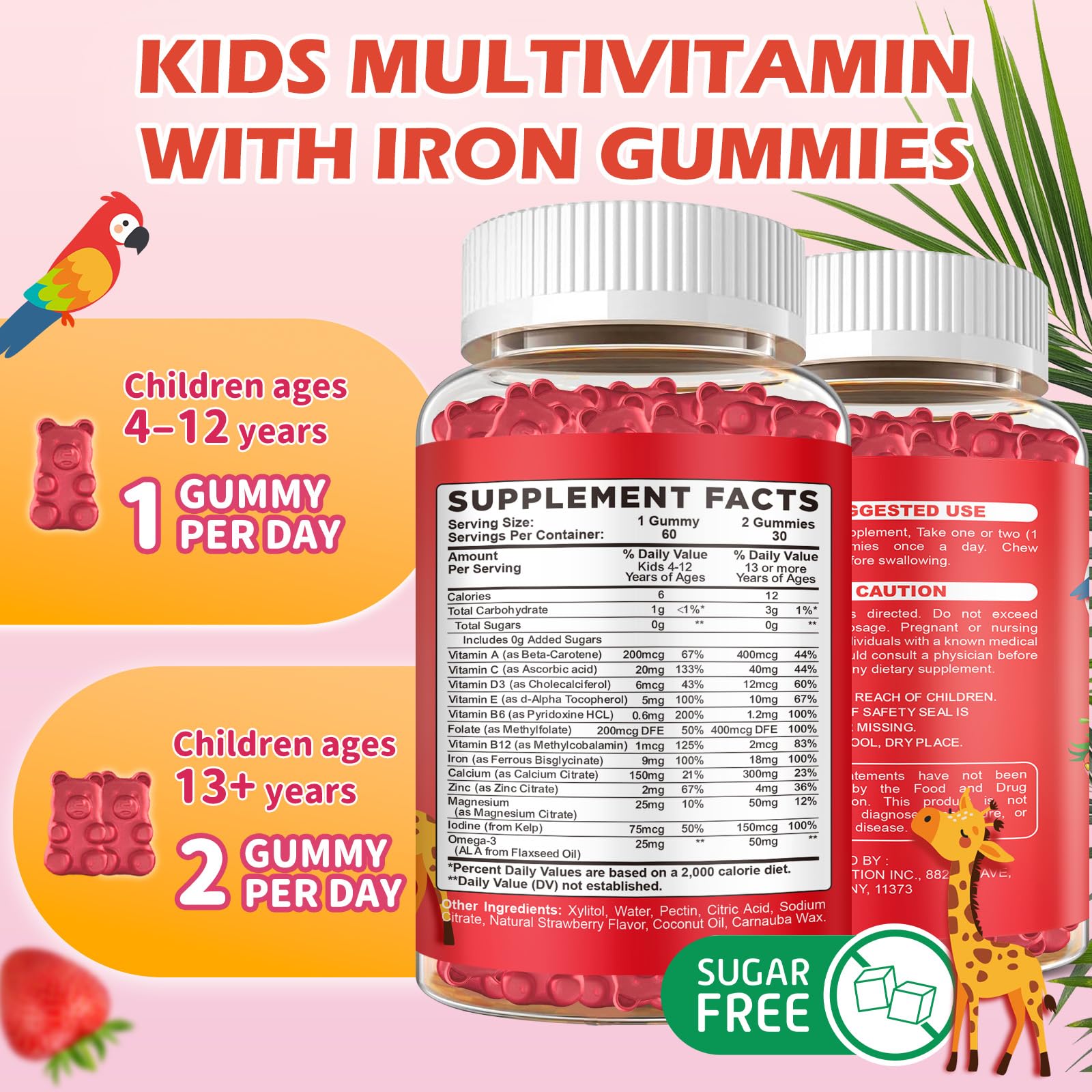 Iron Supplement Gummies for Kids with Multivitamin, Calcium, Zinc, Folate - Kids Iron Gummies Support Immune, Blood Builder, Iron Deficiency, Anemia & Energy - Vegan, Strawberry 60 Count — Amazon image 4