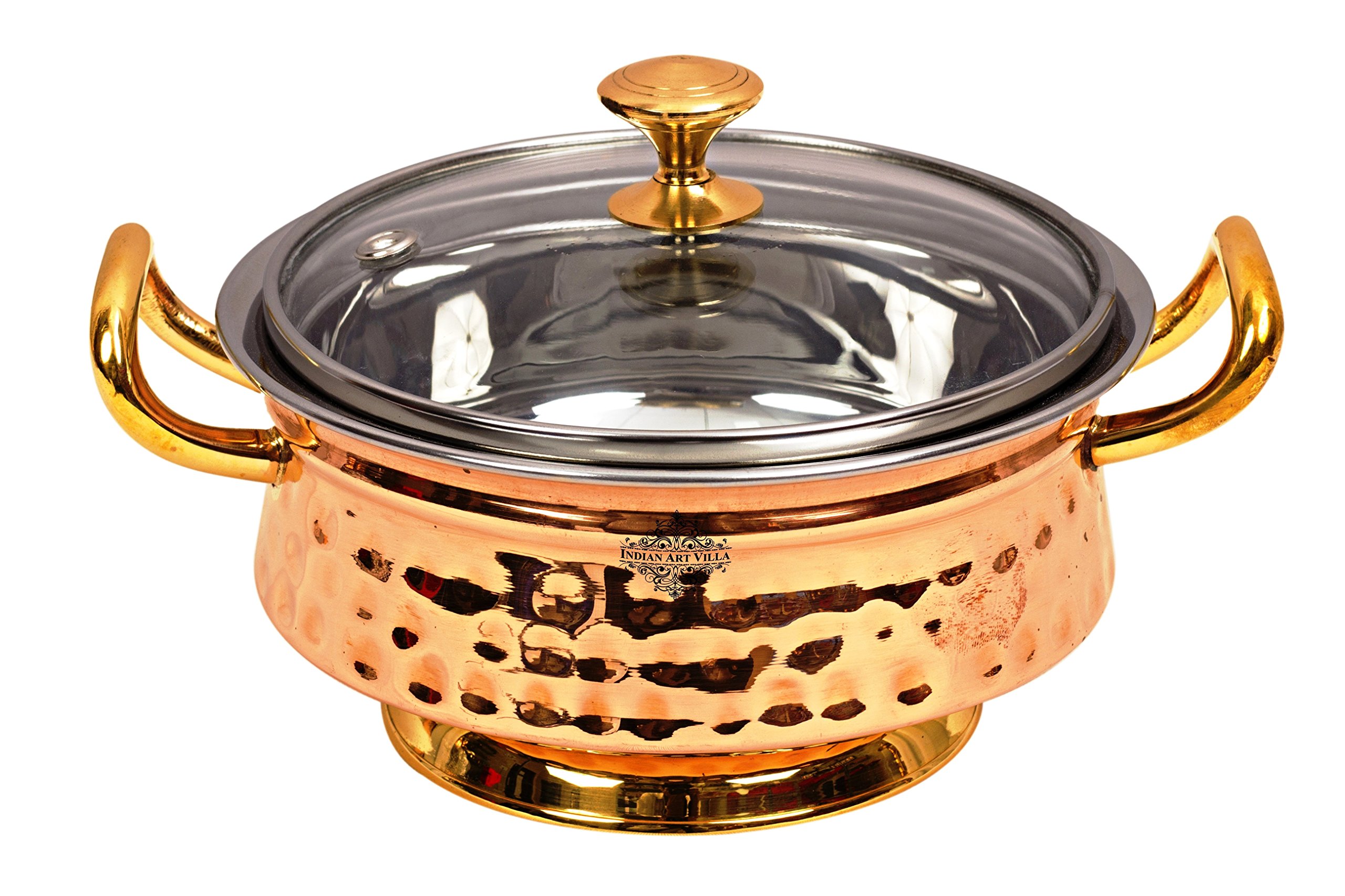 IndianArtVilla Hammered Steel Copper Mughlai Handi with Brass Handle Glass Lid, Serveware Tableware, 40 OZ