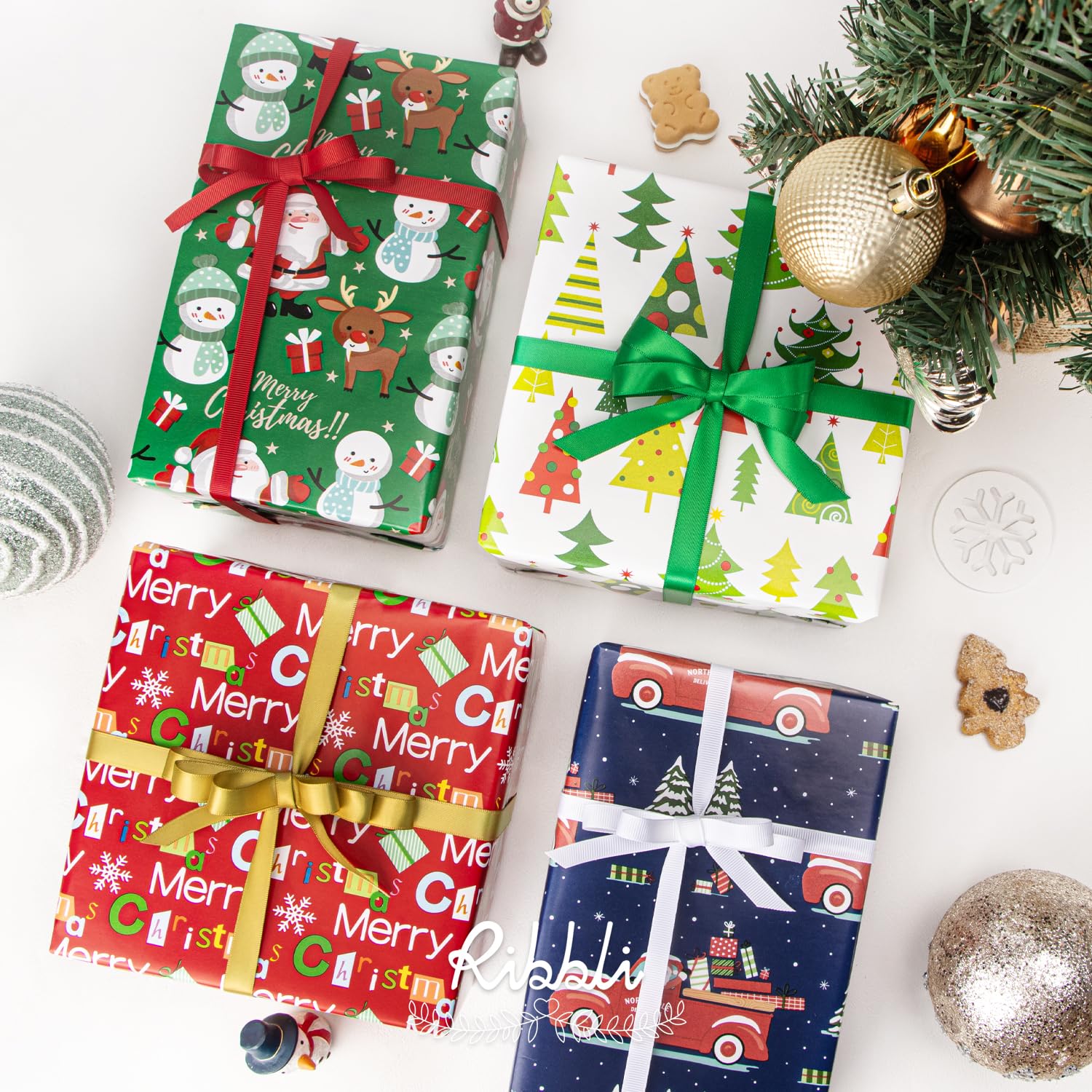 Ribbli Papel de regalo de Navidad de 30 pulgadas, 4 rollos de Feliz Navidad, Papá Noel, muñeco de nieve, árbol de Navidad, surtido de 30 pulgadas x 10 pies por rollo