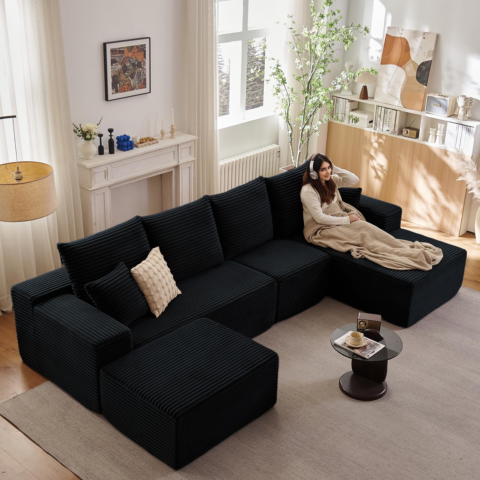 135.4" W Cloud Sectional Couch with Ottoman,Modern U-Shaped Cloud Couch with Deep Seat,Comfy Corduroy 4-Seater Sofa,Memory Foam Sofa for Living Room,